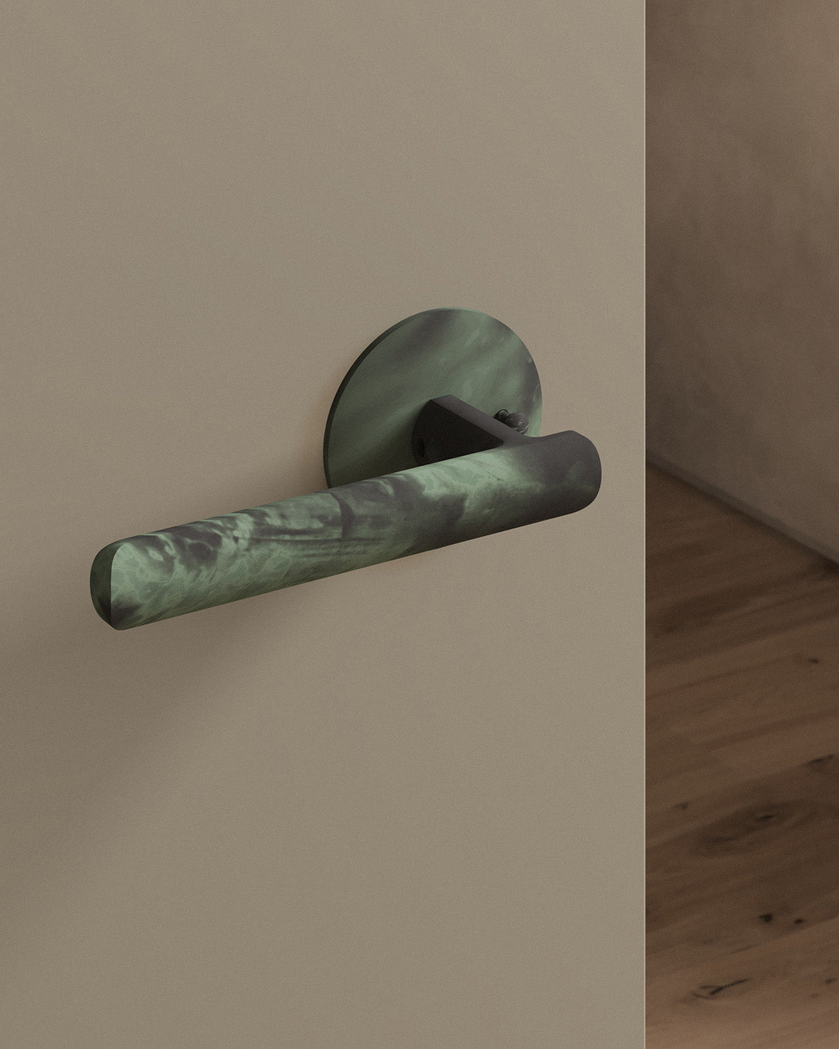 Nostrand door lever set, tubular, rose, privacy, Verdigris