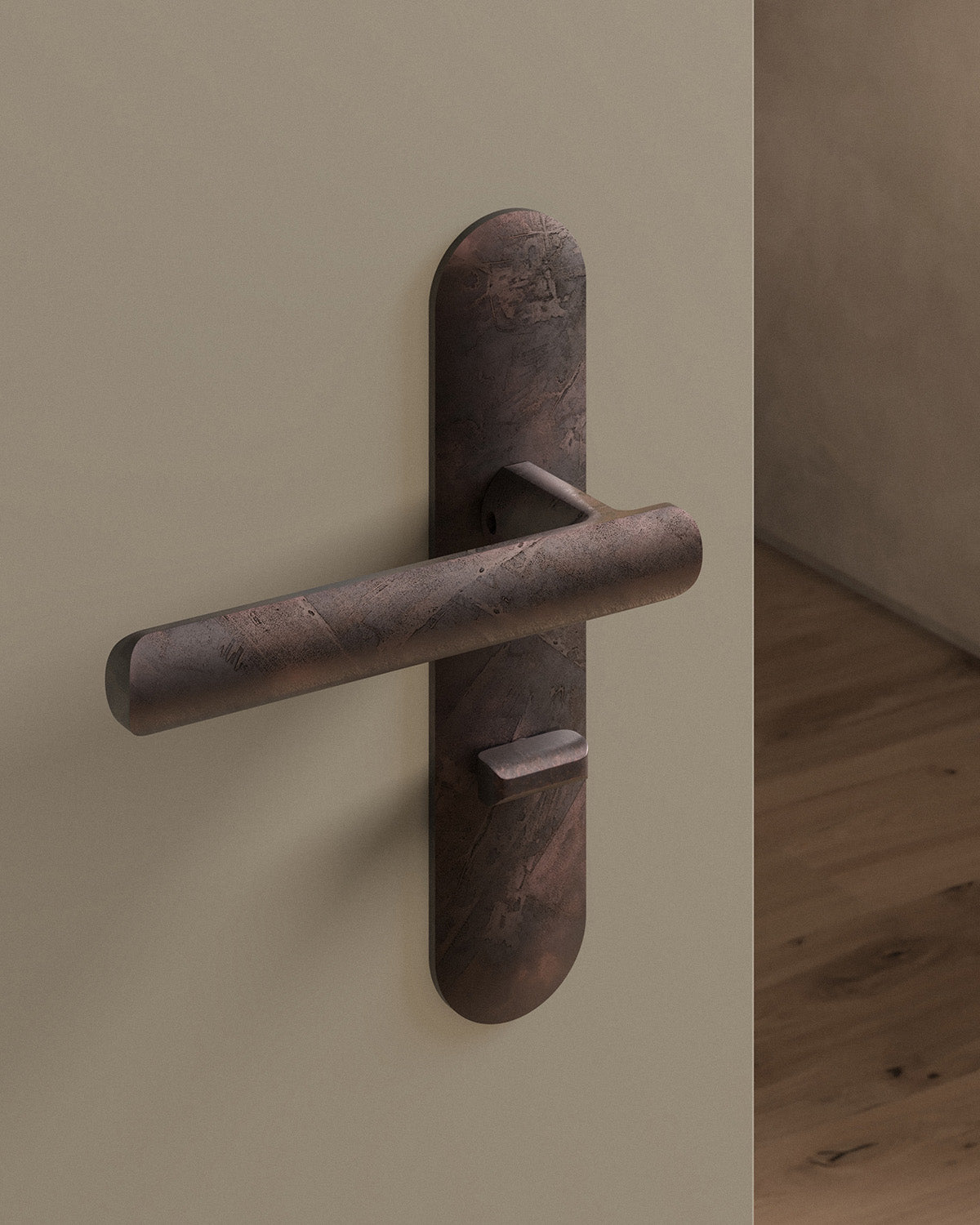 Nostrand door lever set, mortise, escutcheon, privacy, Weathered Copper