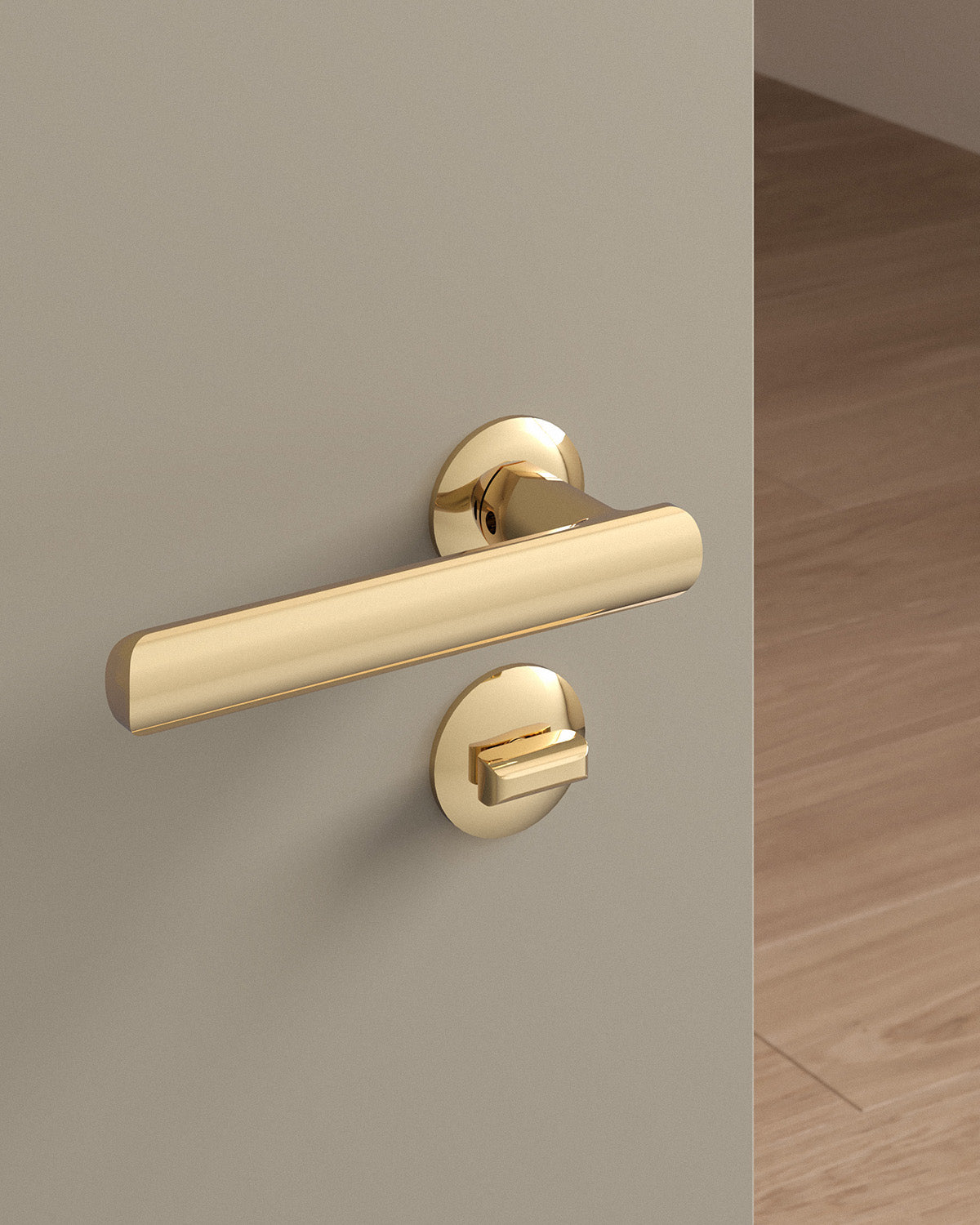 Nostrand door lever set, mortise, rose, privacy, Polished Brass