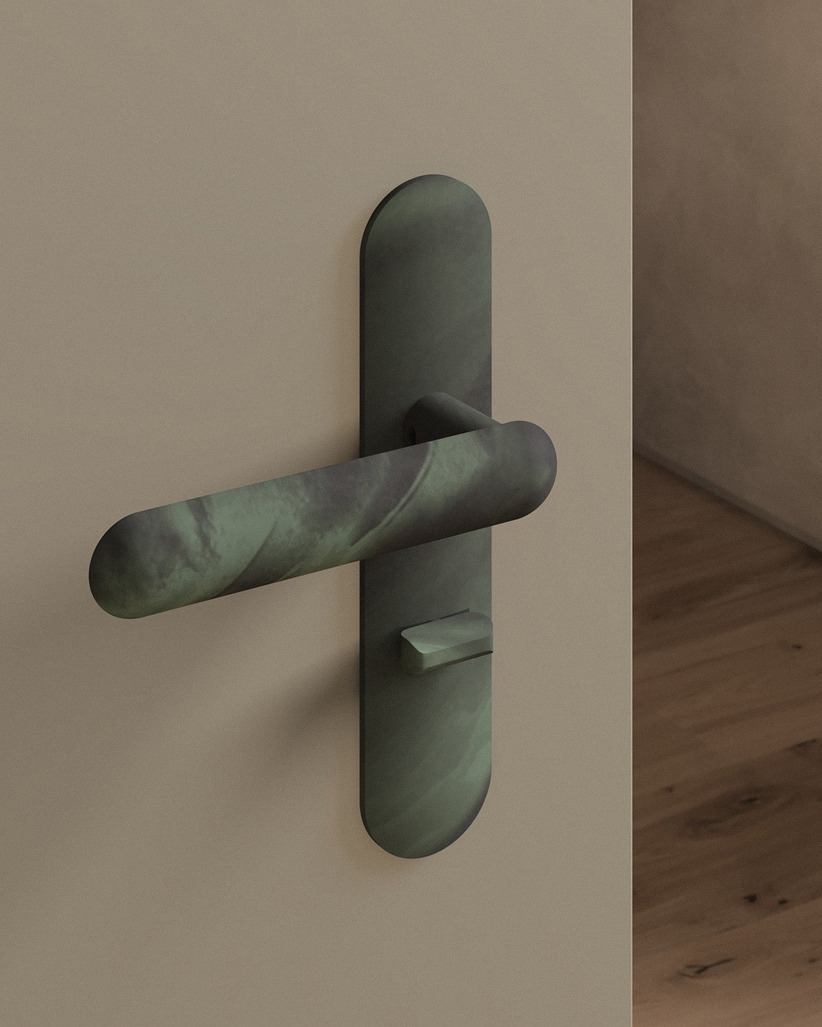 Cheever door lever set, mortise, escutcheon, privacy, Verdigris
