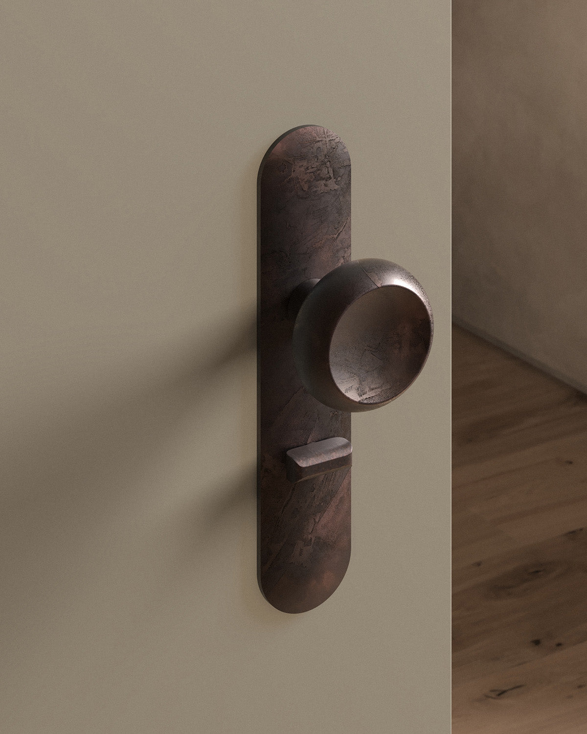 Boerum door knob set, mortise, escutcheon, privacy, Weathered Copper