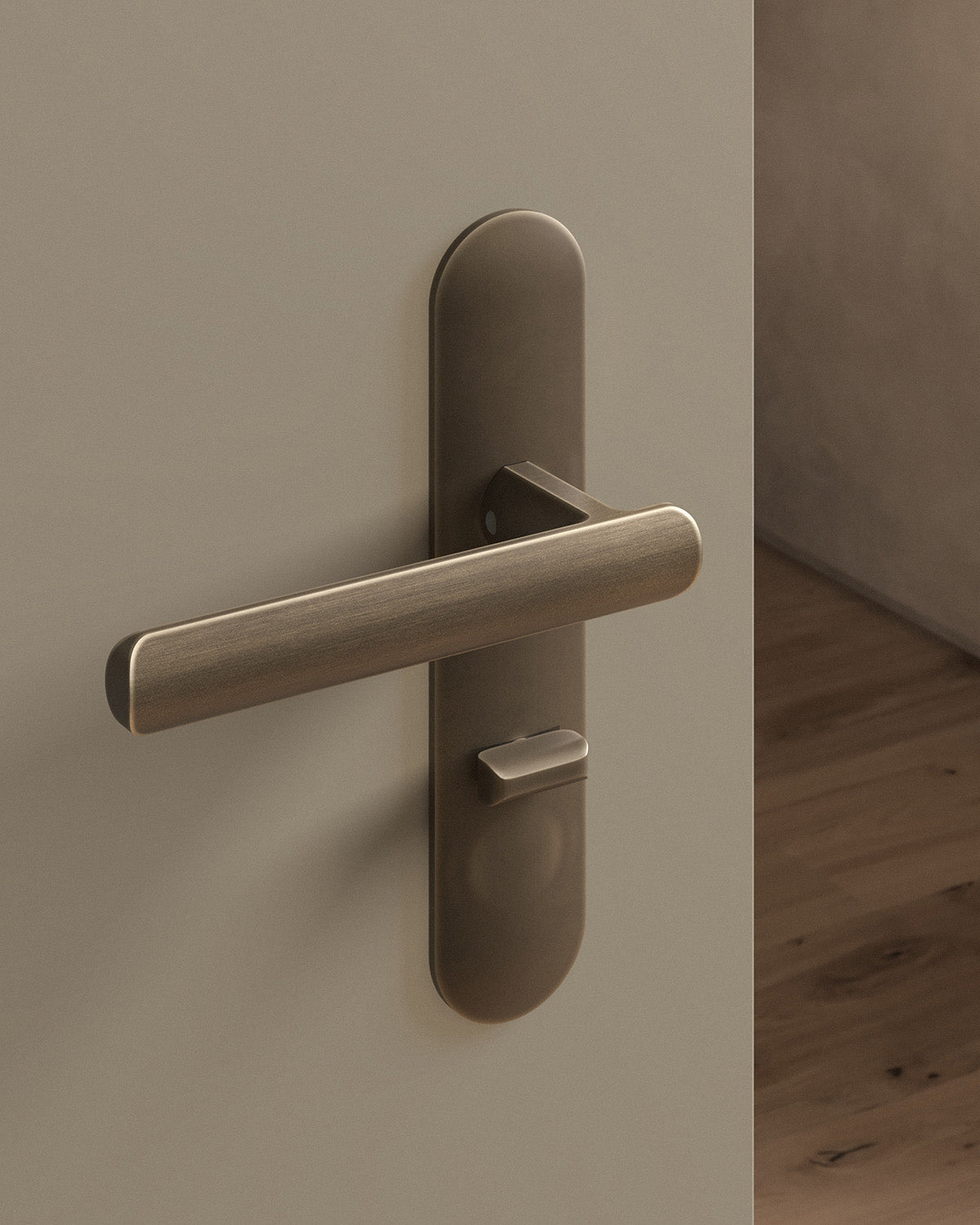Nostrand door lever set, mortise, escutcheon, privacy, Antique Brass