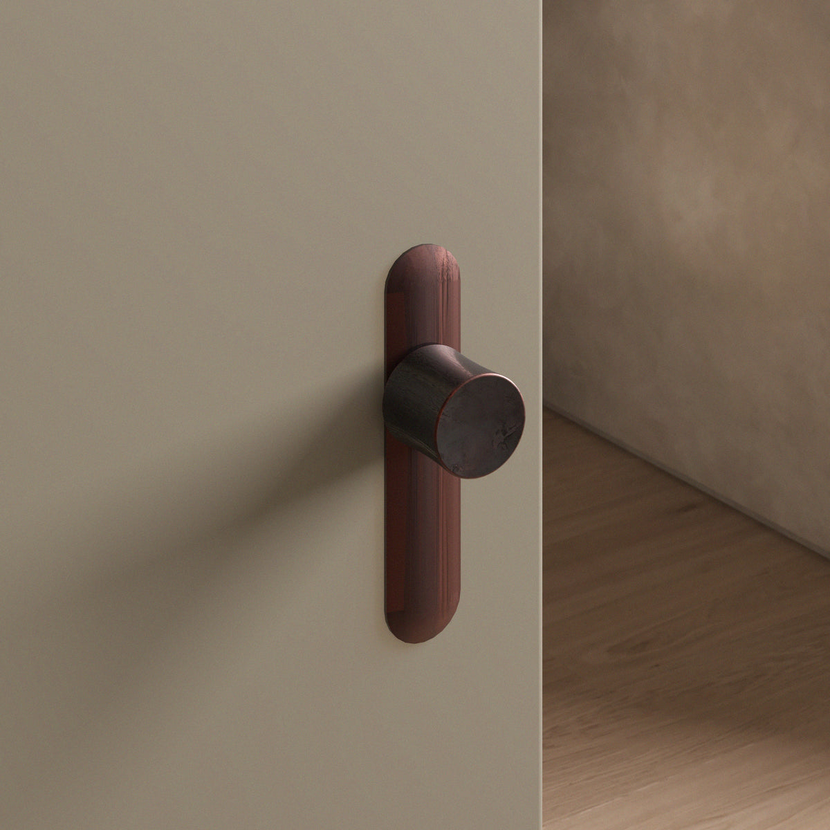 Leonard door knob set, mortise, escutcheon, Weathered Copper