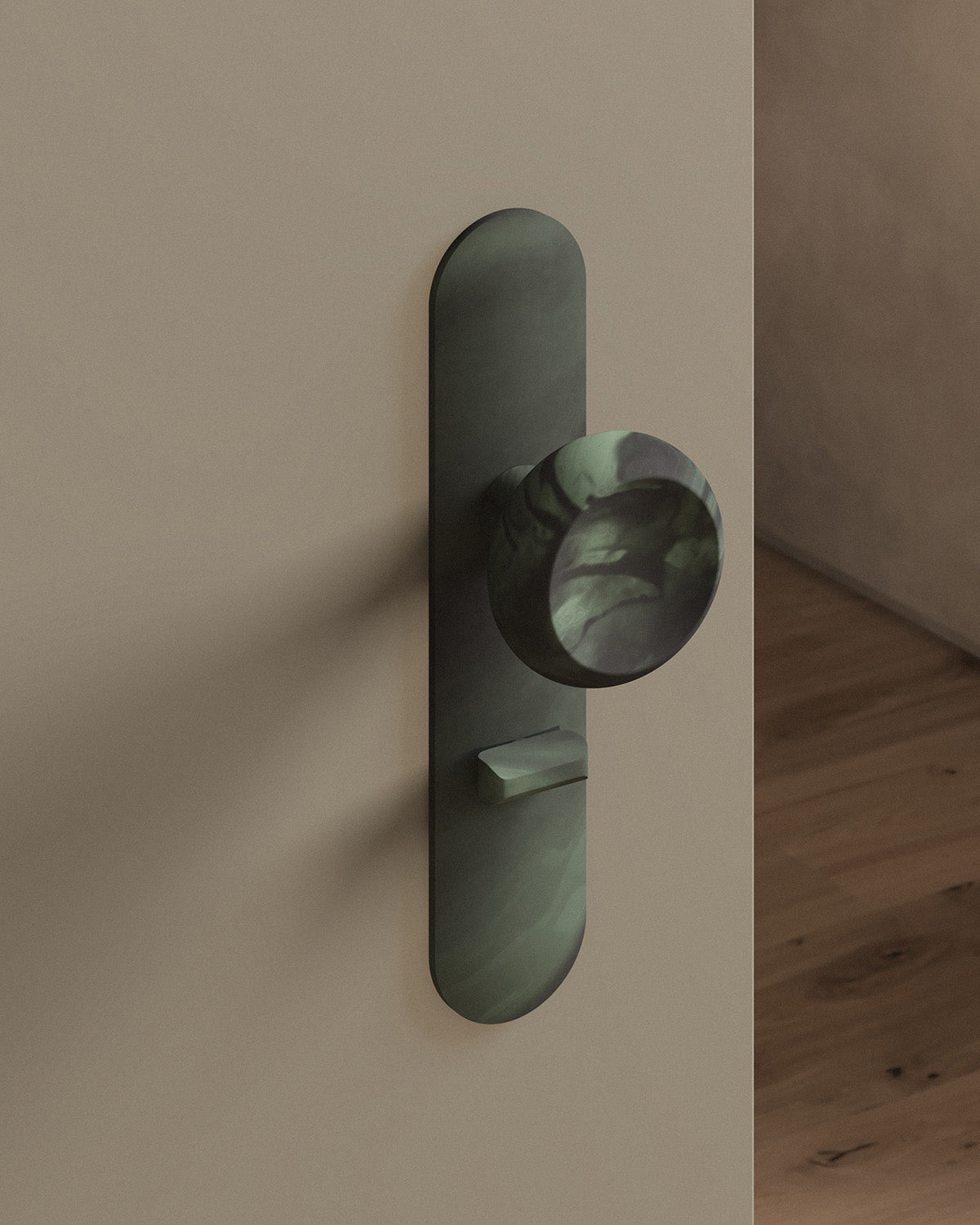 Boerum door knob set, mortise, escutcheon, privacy, Verdigris