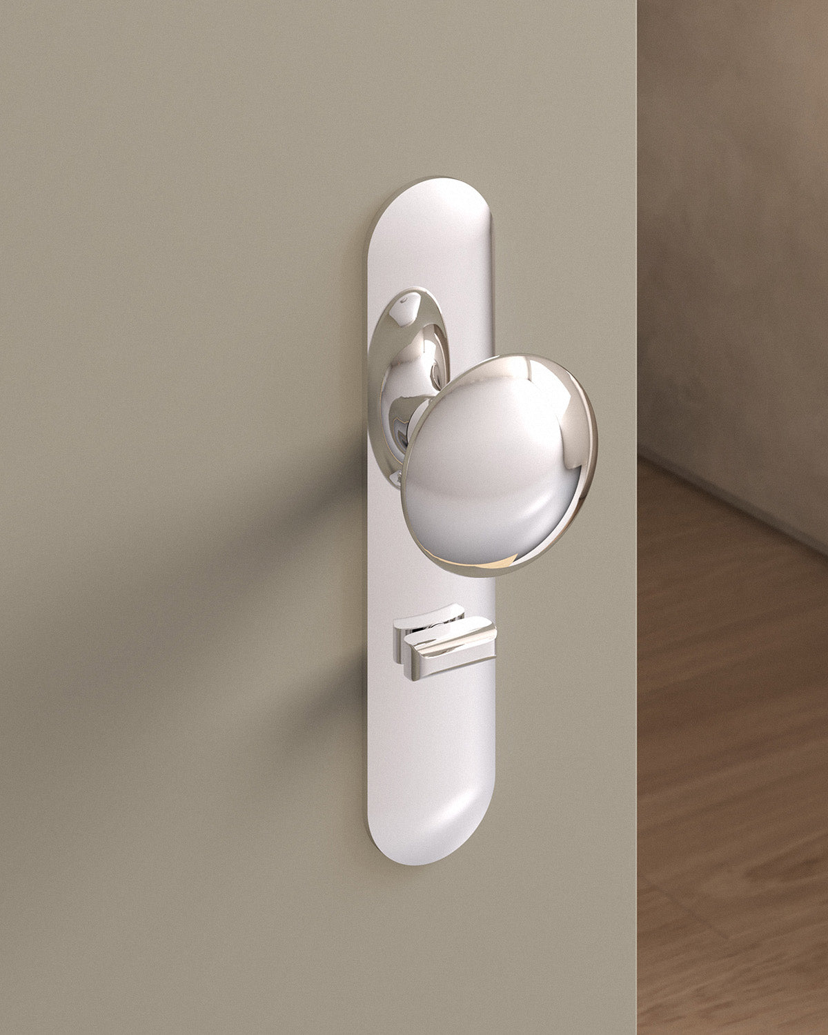 Cheever door knob set, mortise, escutcheon, privacy, Polished Nickel