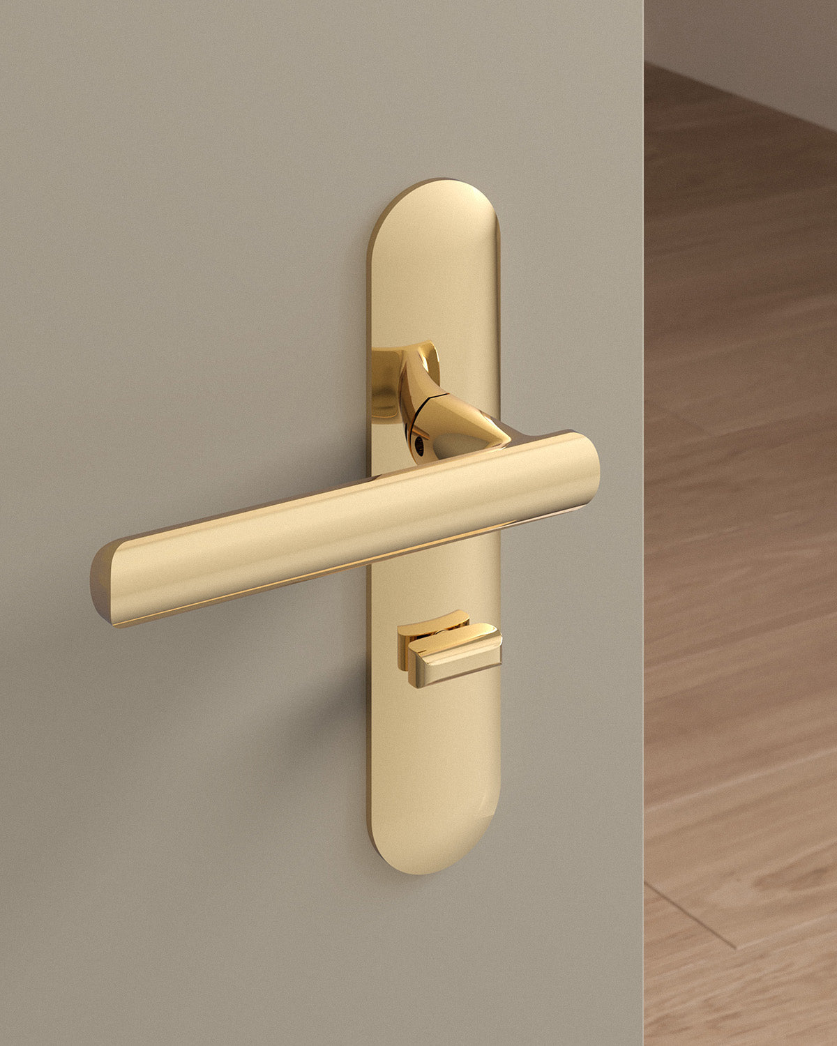 Nostrand door lever set, mortise, escutcheon, privacy, Polished Brass