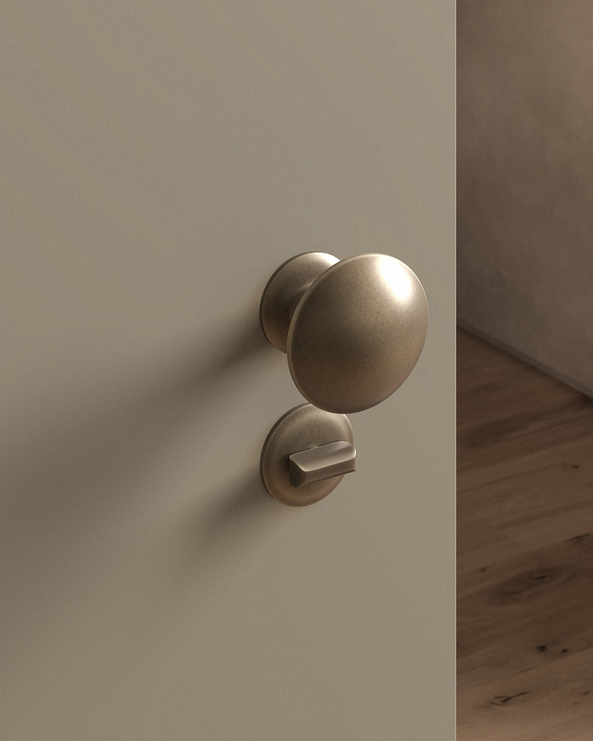 Cheever door knob set, mortise, rose, privacy, Antique Brass