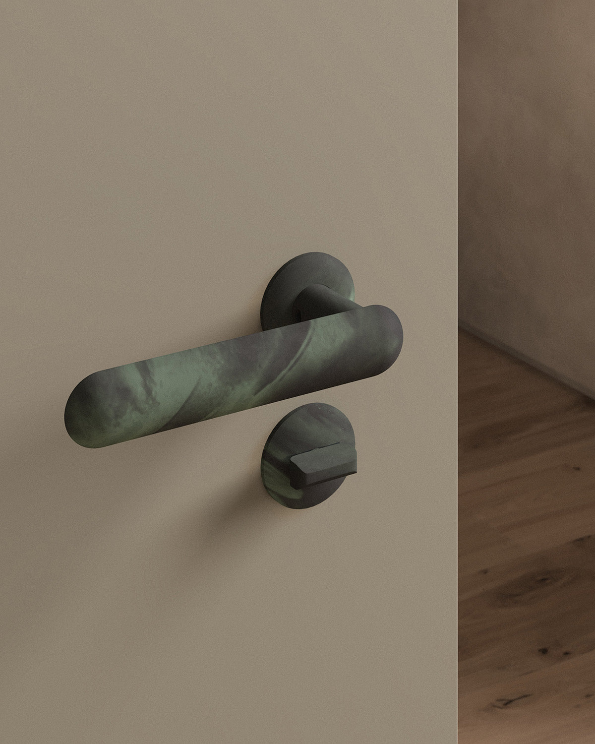 Cheever door lever set, mortise, rose, privacy, Verdigris