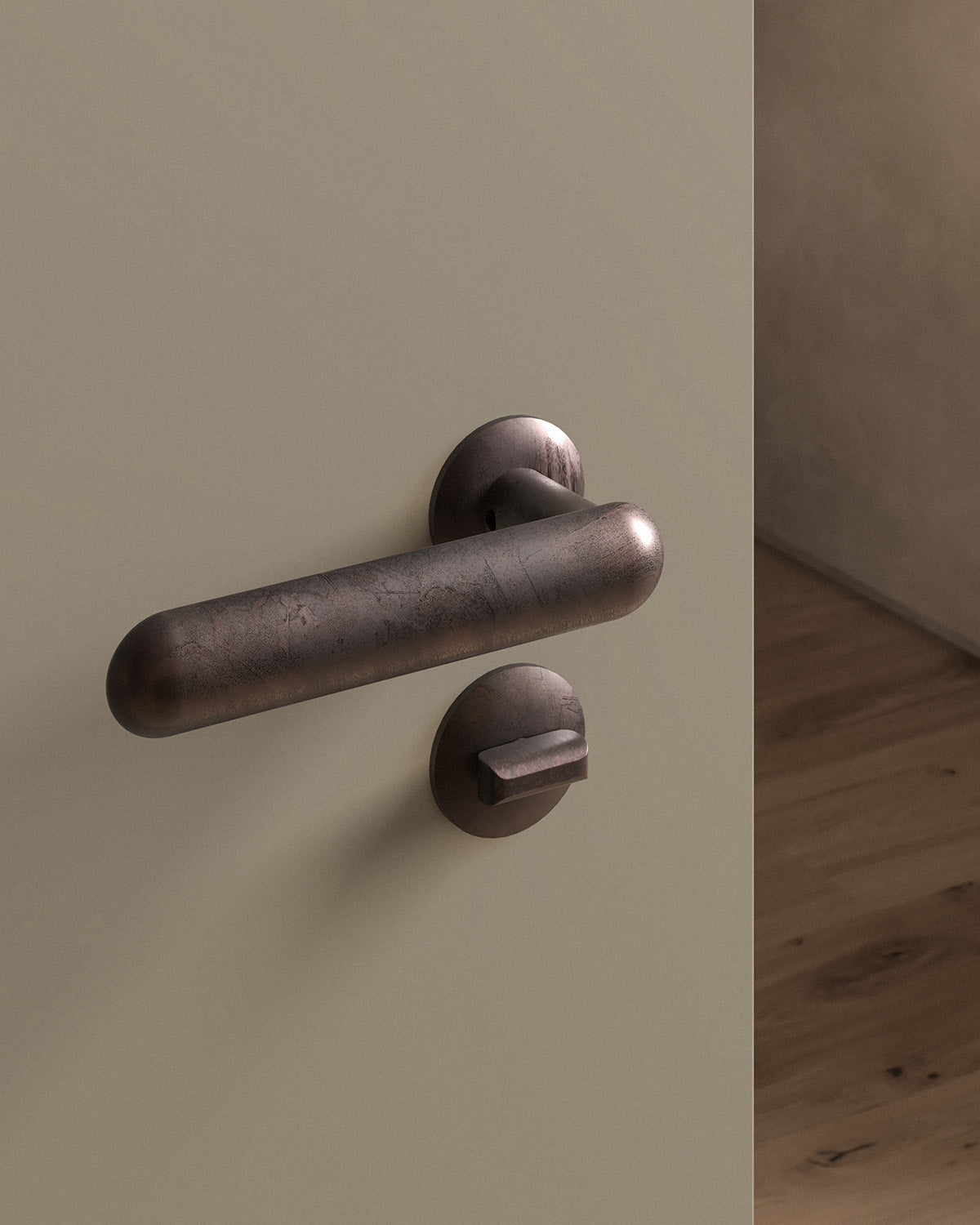 Cheever door lever set, mortise, rose, privacy, Weathered Copper