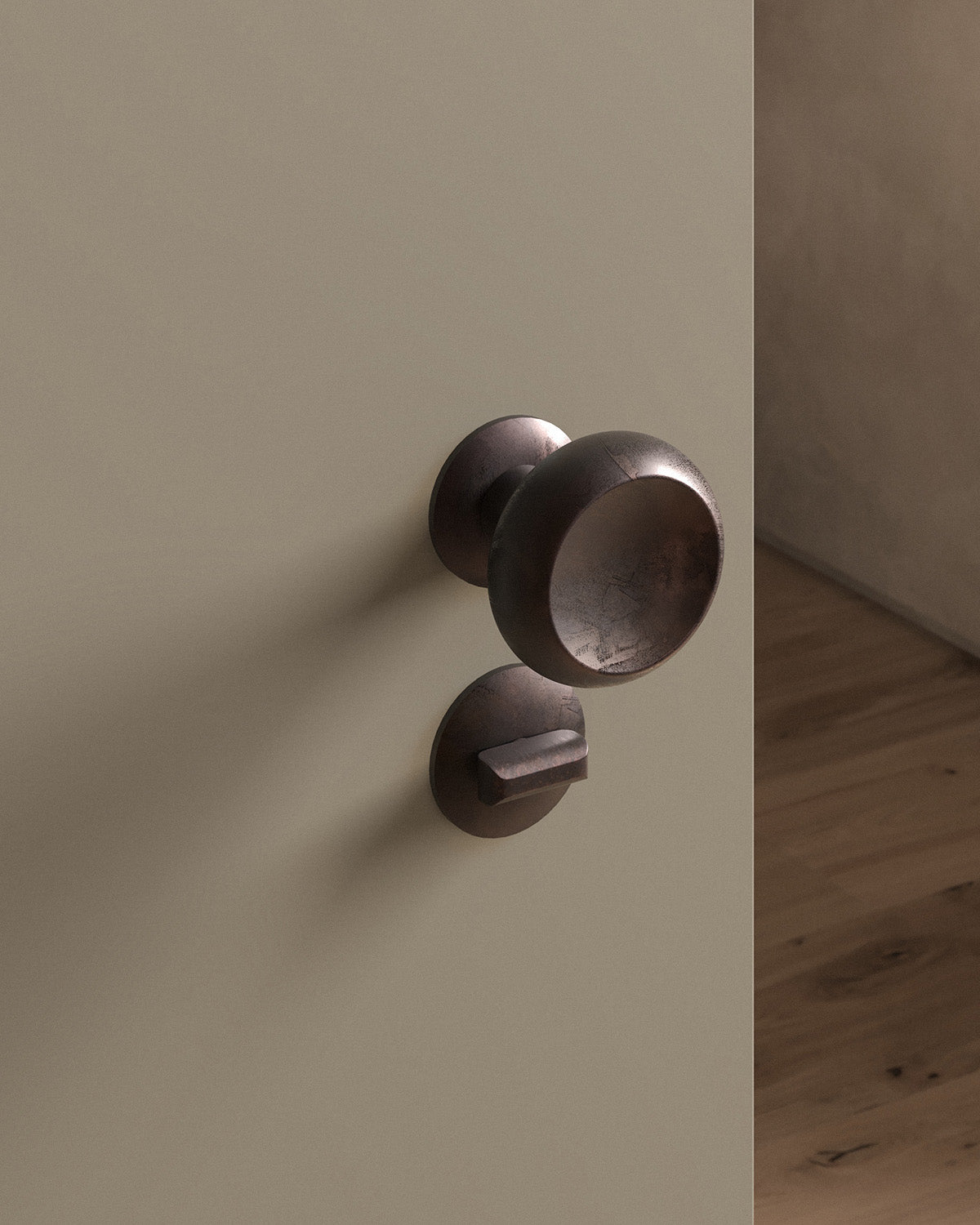 Boerum door knob set, mortise, rose, privacy, Weathered Copper