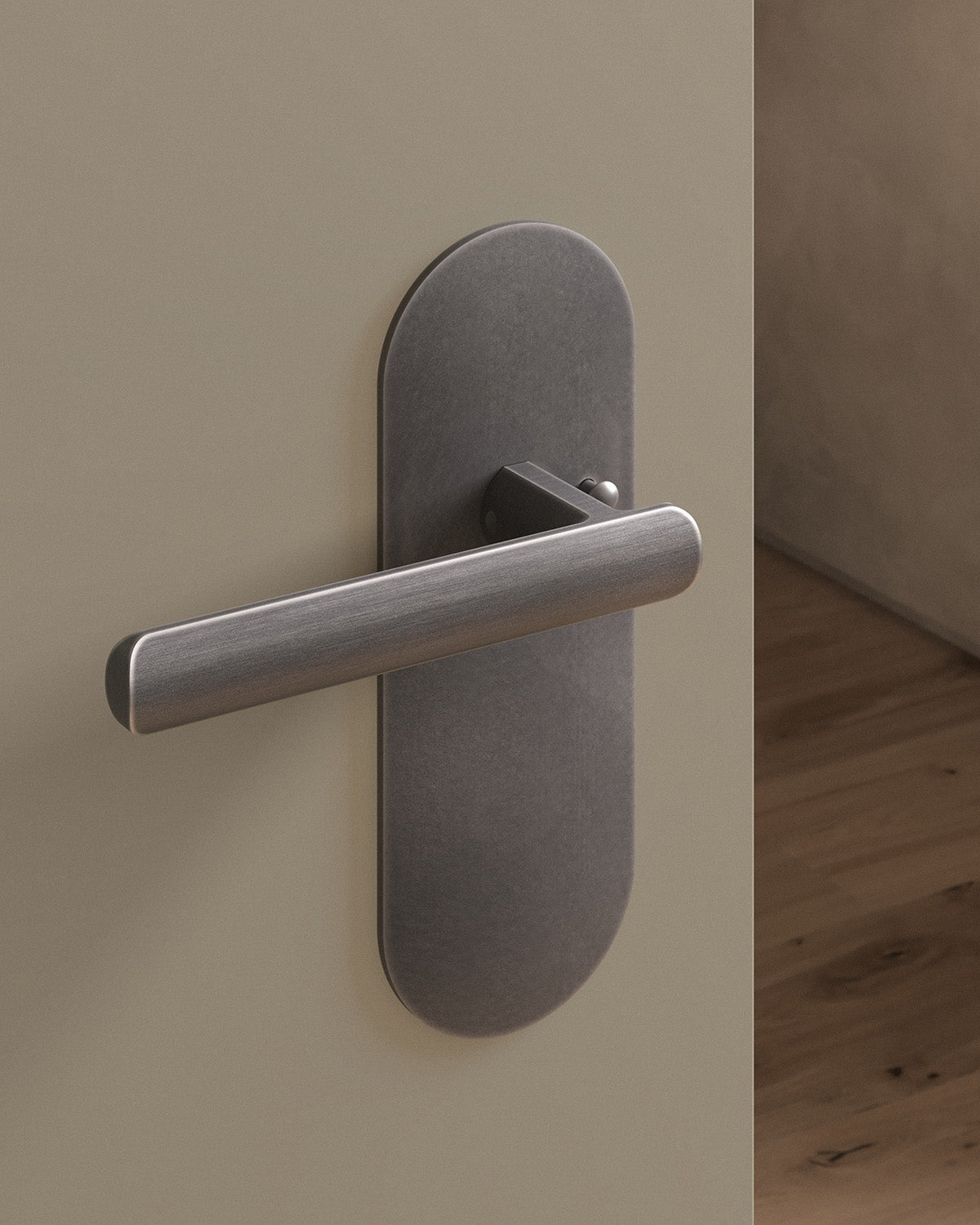 Nostrand door lever set, tubular, escutcheon, privacy, Antique Nickel