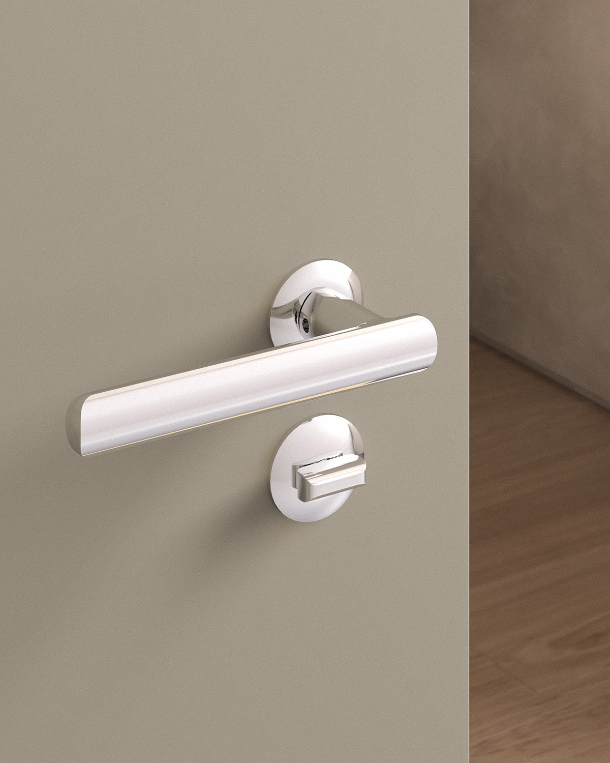 Nostrand door lever set, mortise, rose, privacy, Polished Nickel