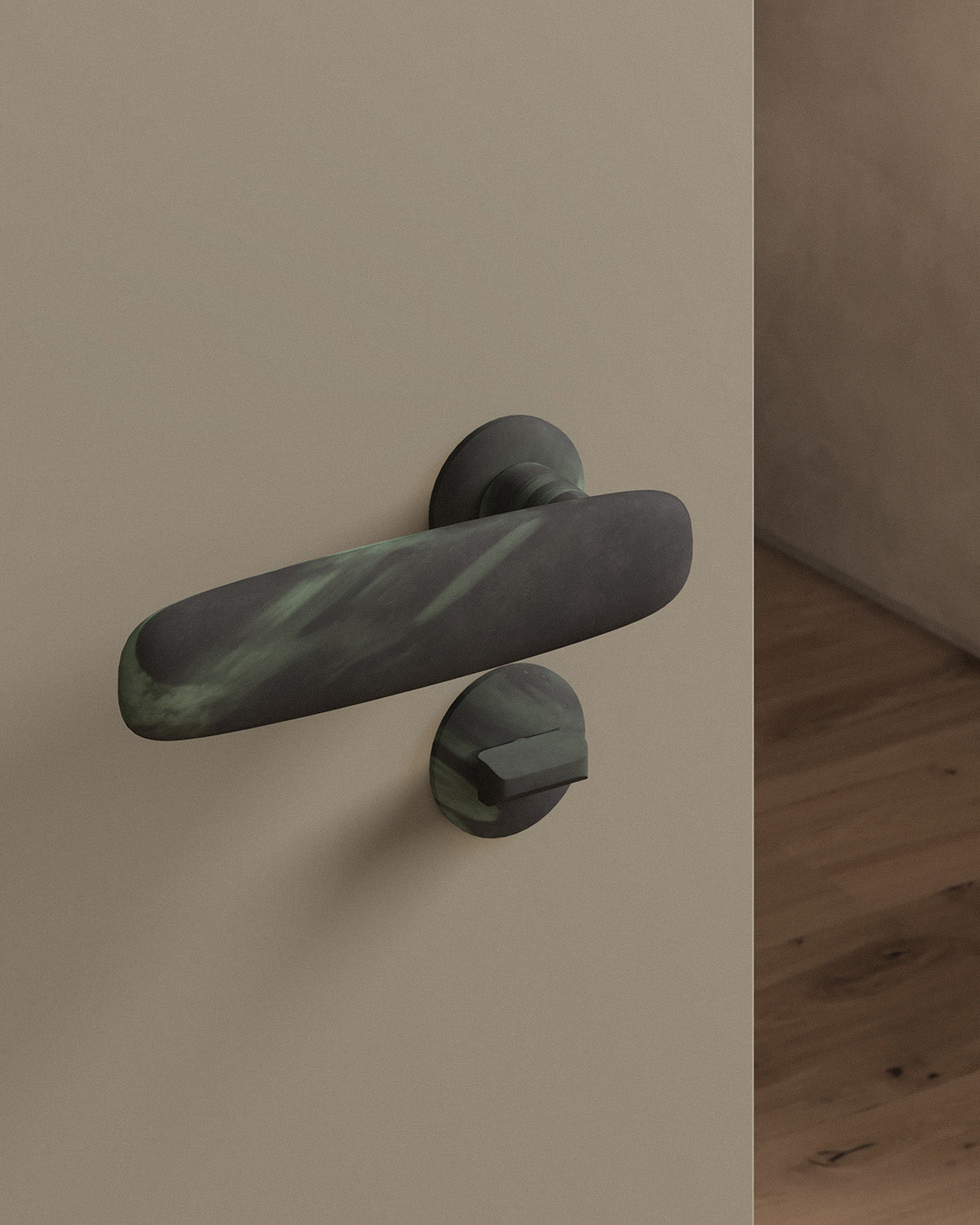 Scholes door lever set, mortise, rose, privacy, Verdigris
