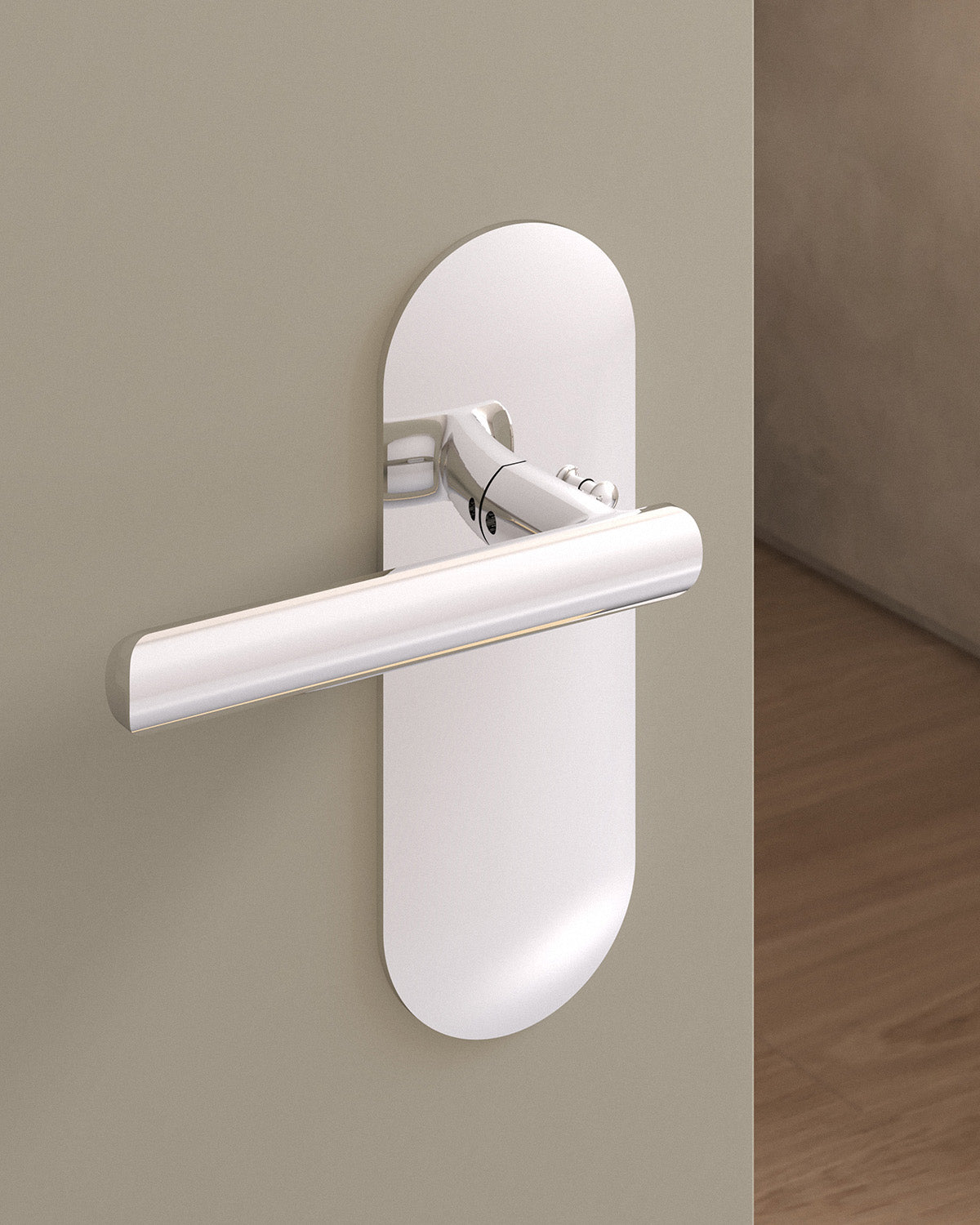 Nostrand door lever set, tubular, escutcheon, privacy, Polished Nickel