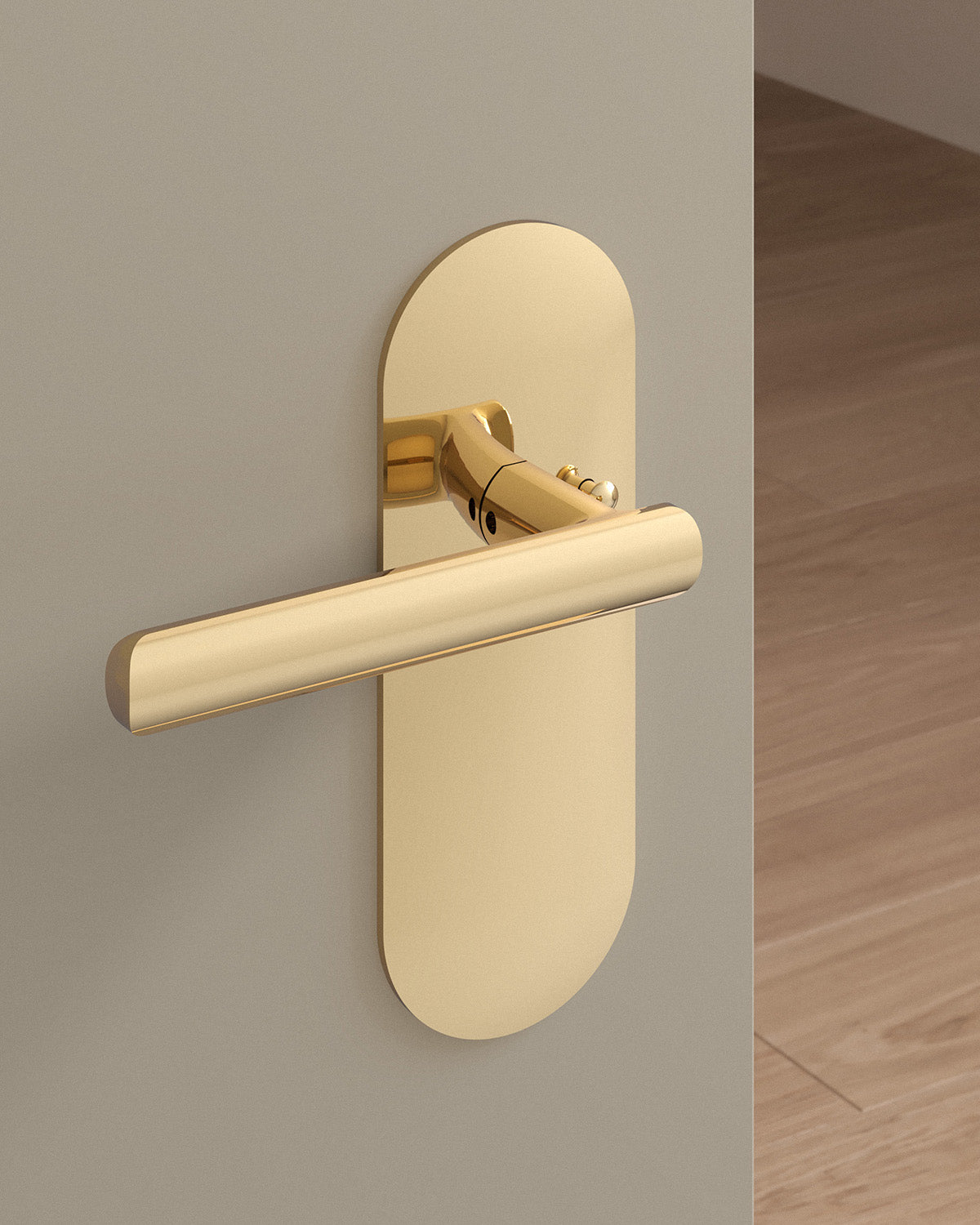 Nostrand door lever set, tubular, escutcheon, privacy, Polished Brass