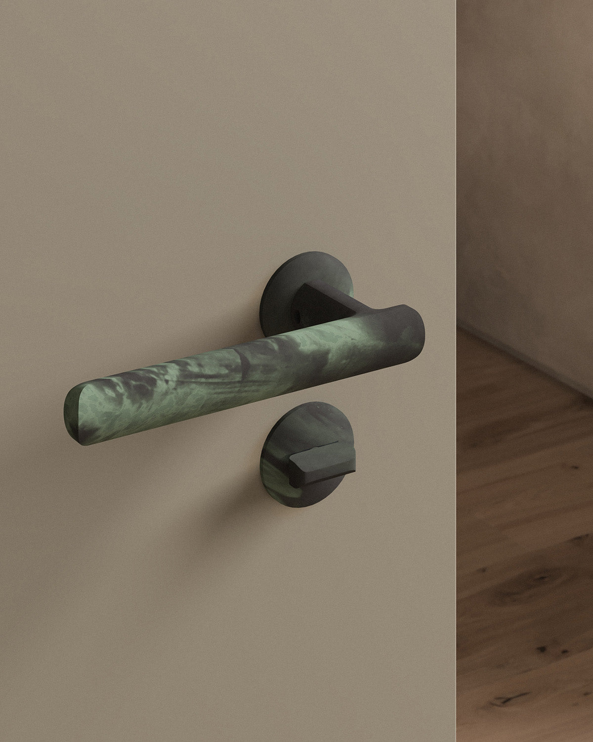 Nostrand door lever set, mortise, rose, privacy, Verdigris
