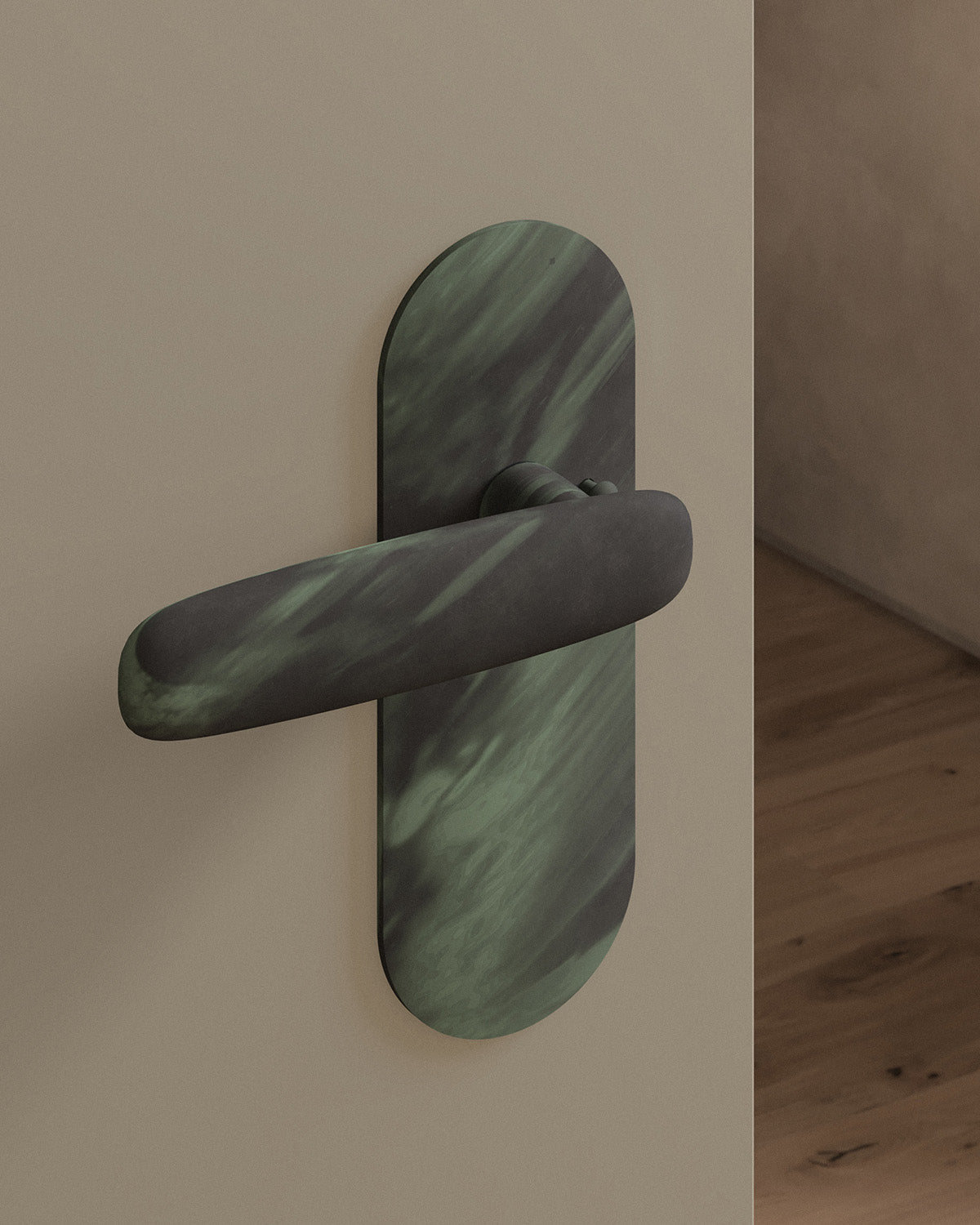 Scholes door lever set, tubular, escutcheon, privacy, Verdigris