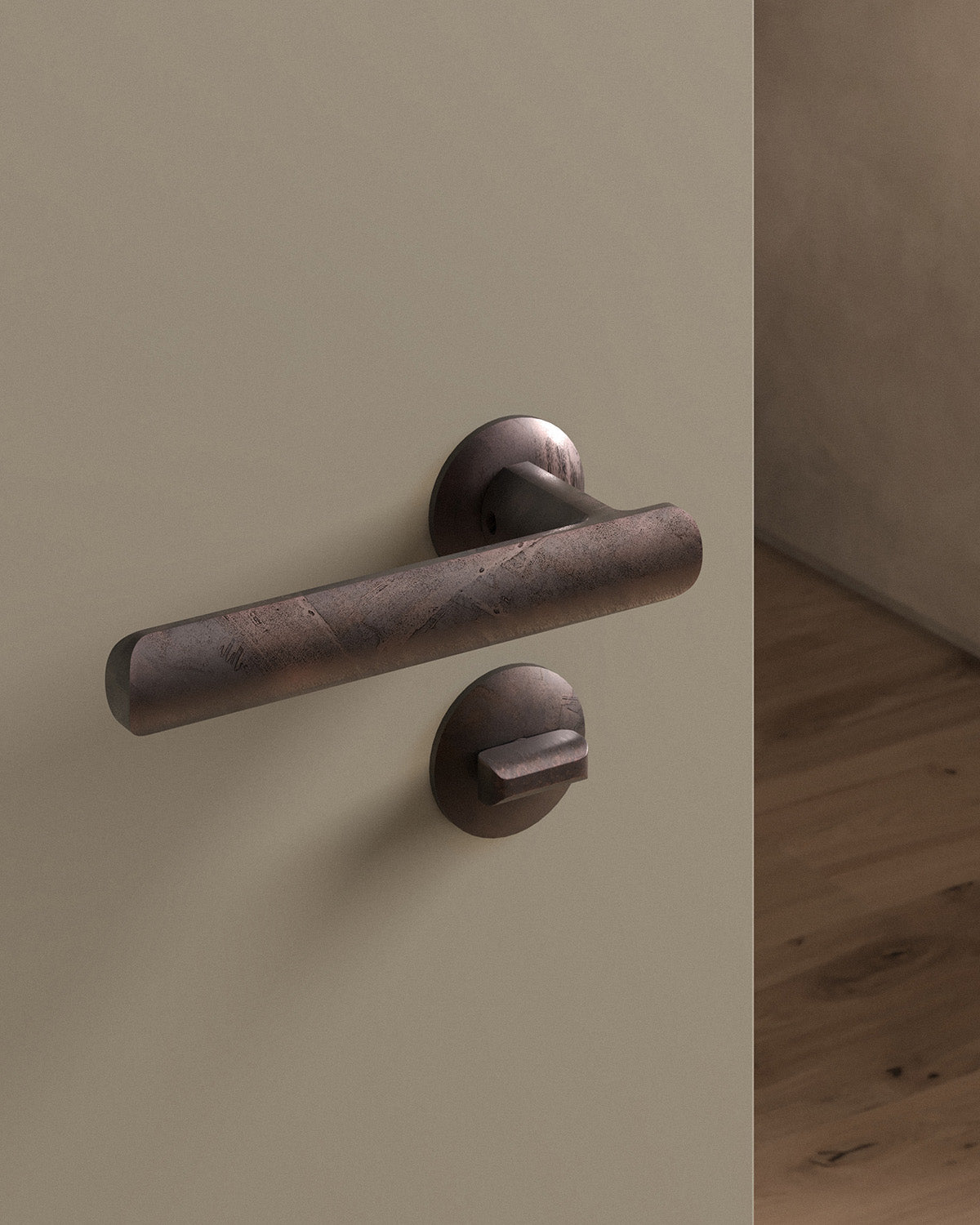 Nostrand door lever set, mortise, rose, privacy, Weathered Copper