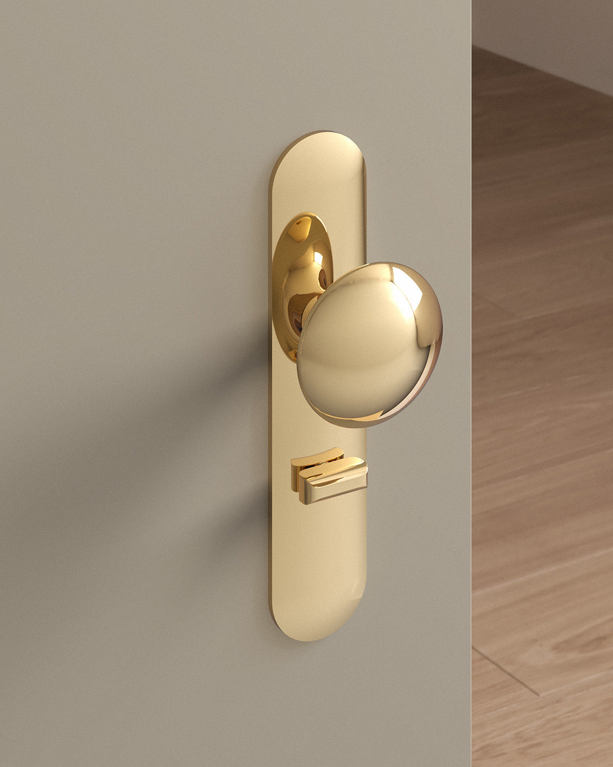 Cheever door knob set, mortise, escutcheon, privacy, Polished Brass