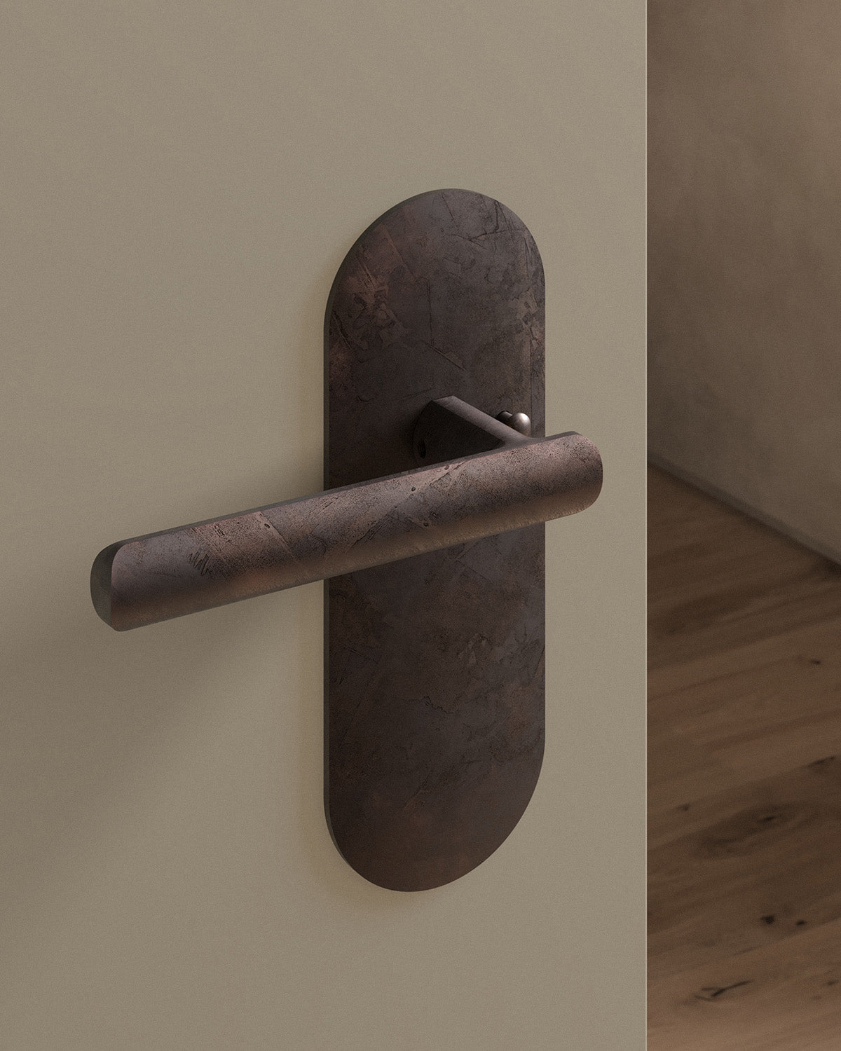 Nostrand door lever set, tubular, escutcheon, privacy, Weathered Copper