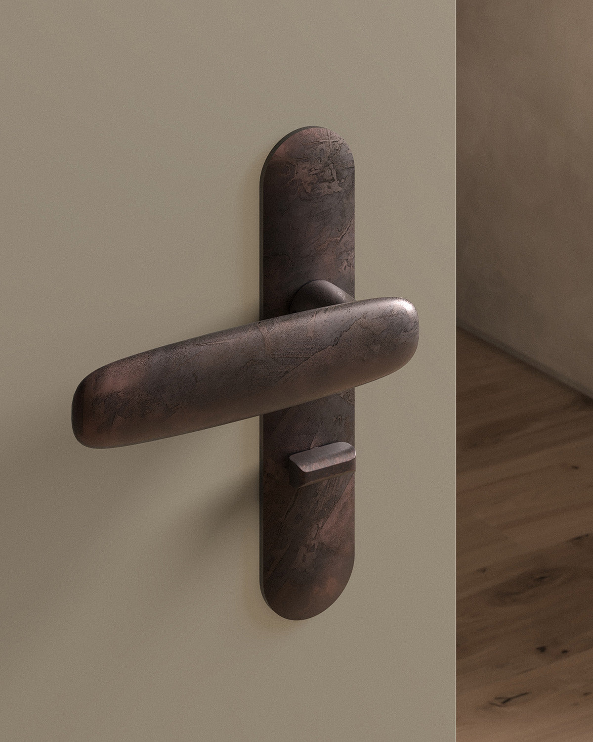Scholes door lever set, mortise, escutcheon, privacy, Weathered Copper