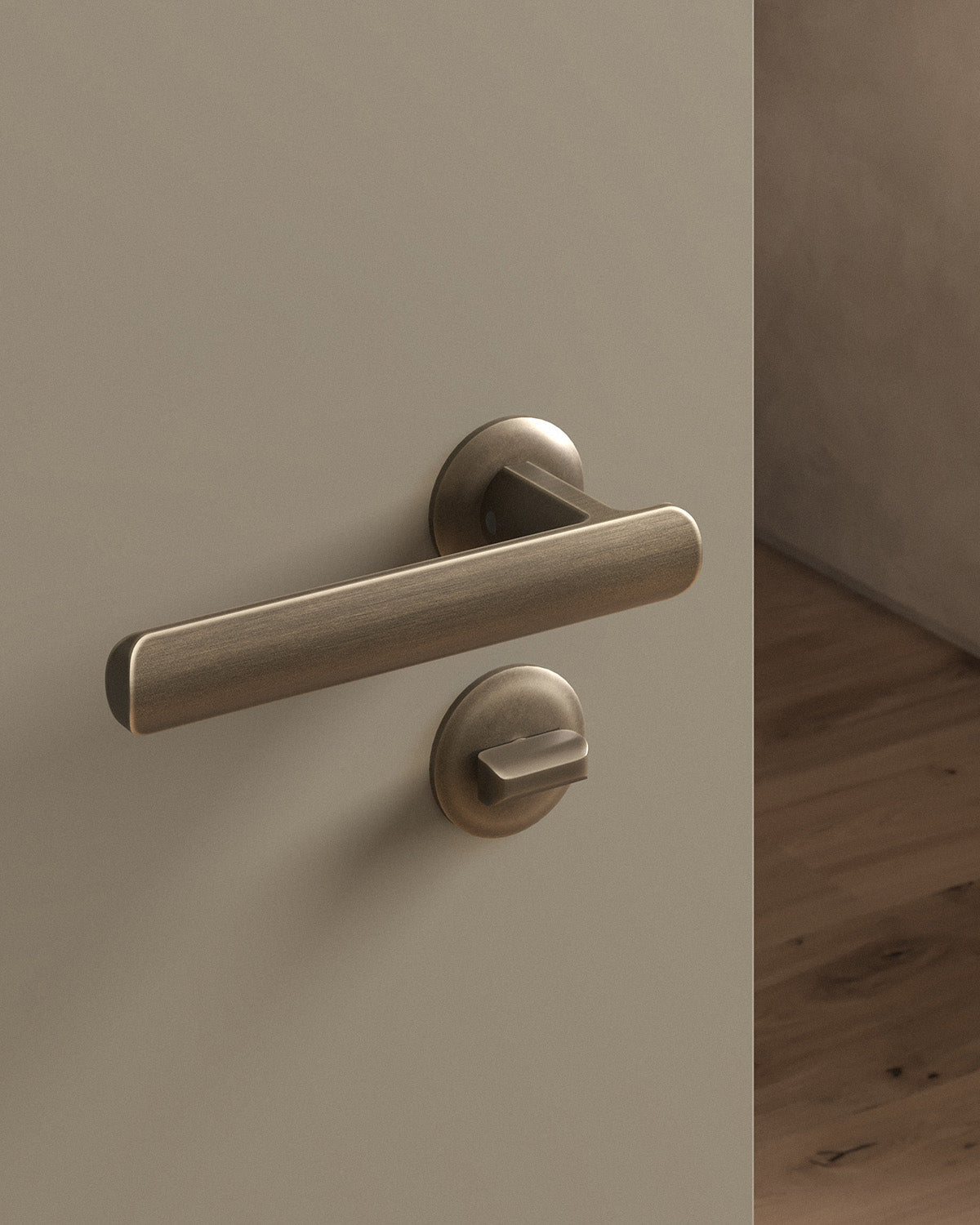Nostrand door lever set, mortise, rose, privacy, Antique Brass