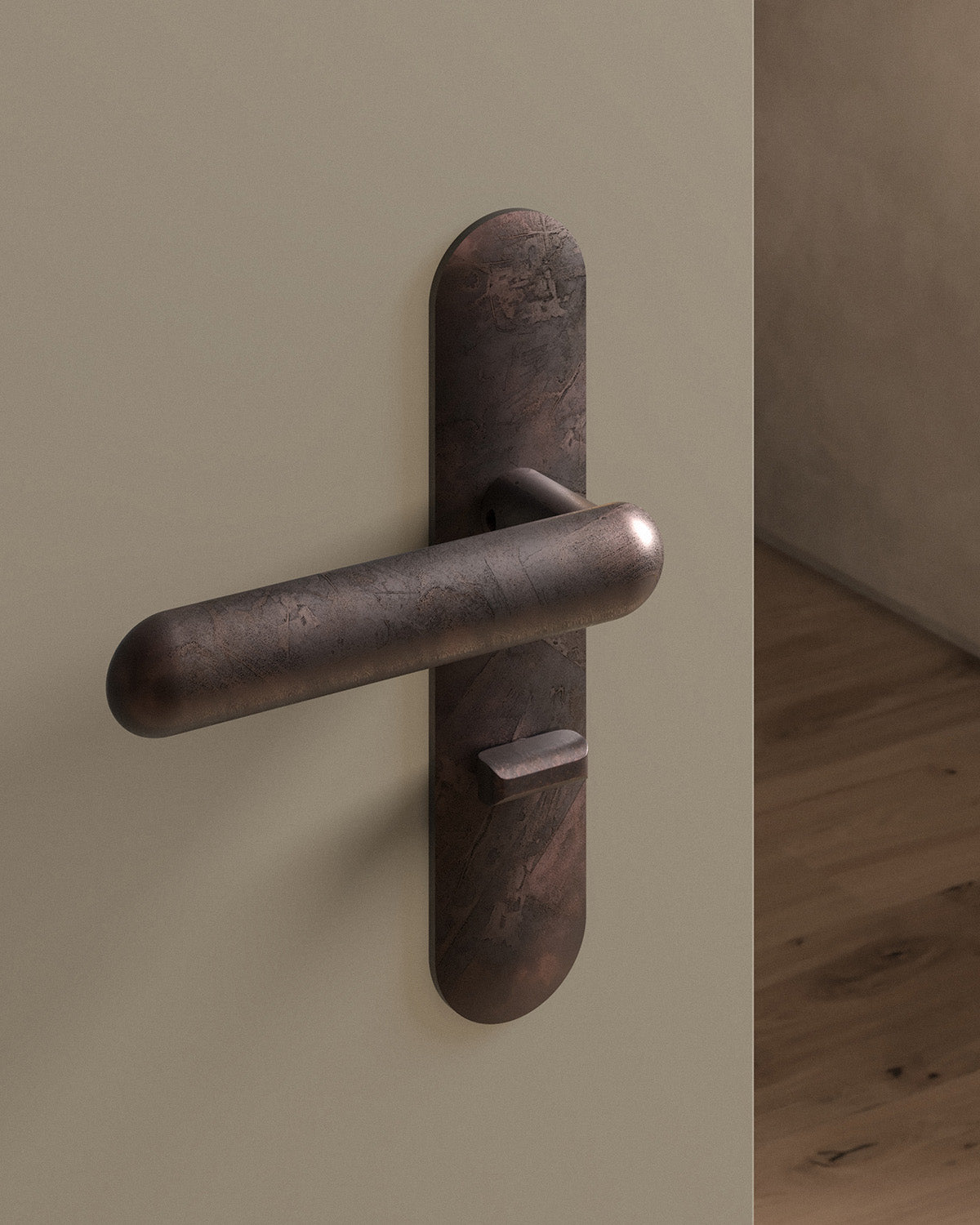 Cheever door lever set, mortise, escutcheon, privacy, Weathered Copper