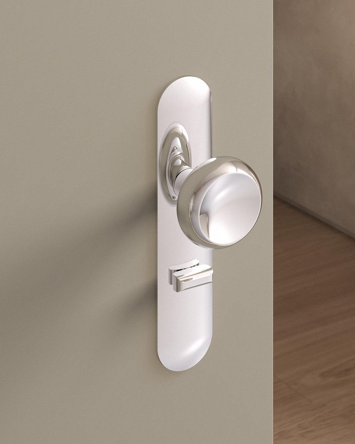 Boerum door knob set, mortise, escutcheon, privacy, Polished Nickel