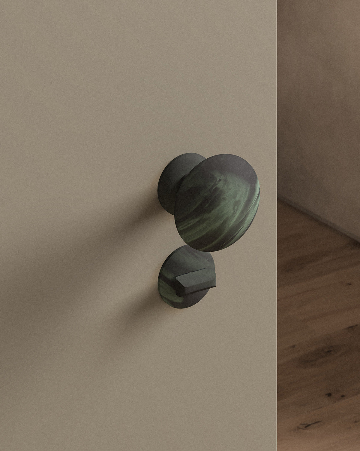 Cheever door knob set, mortise, rose, privacy, Verdigris