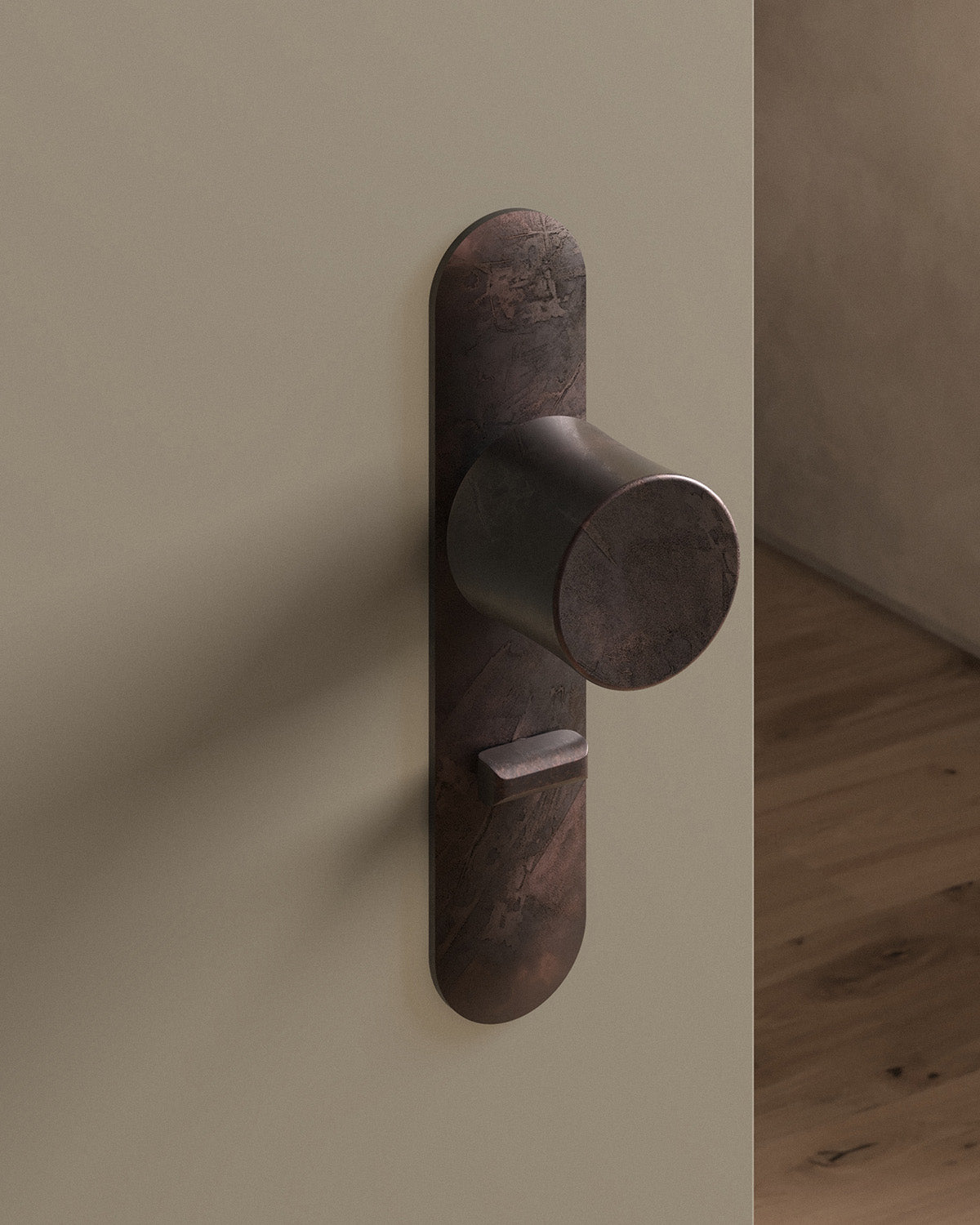 Leonard door knob set, mortise, escutcheon, privacy, Weathered Copper