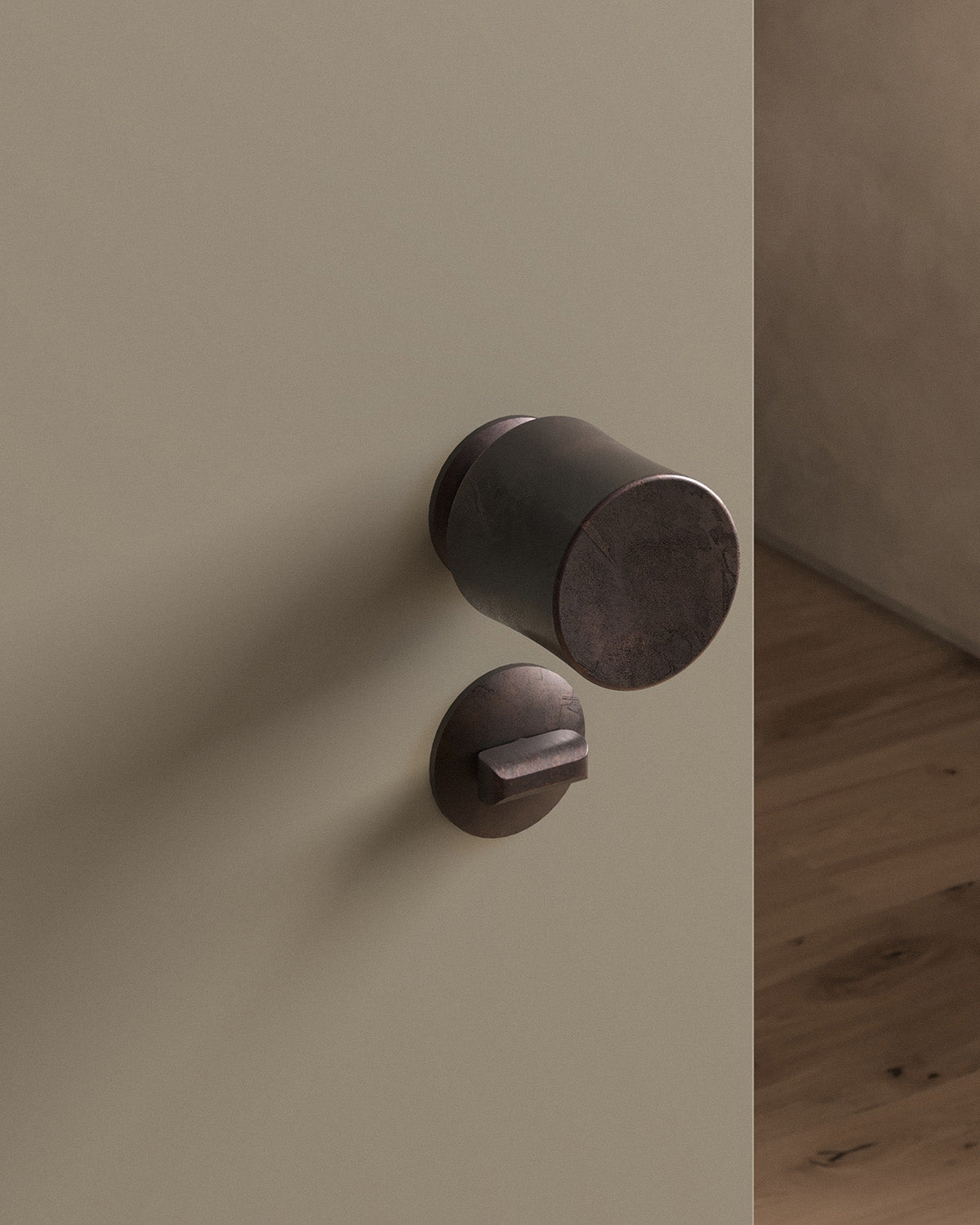 Leonard door knob set, mortise, rose, privacy, Weathered Copper
