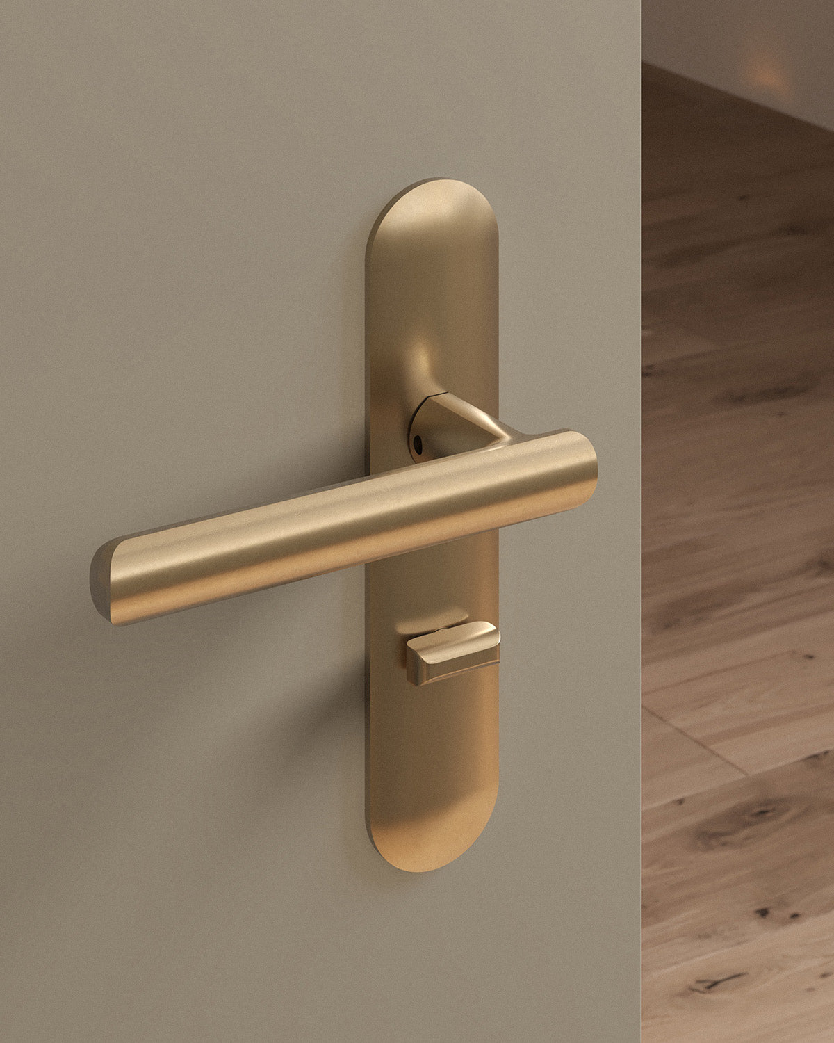 Nostrand door lever set, mortise, escutcheon, privacy, Burnished Brass