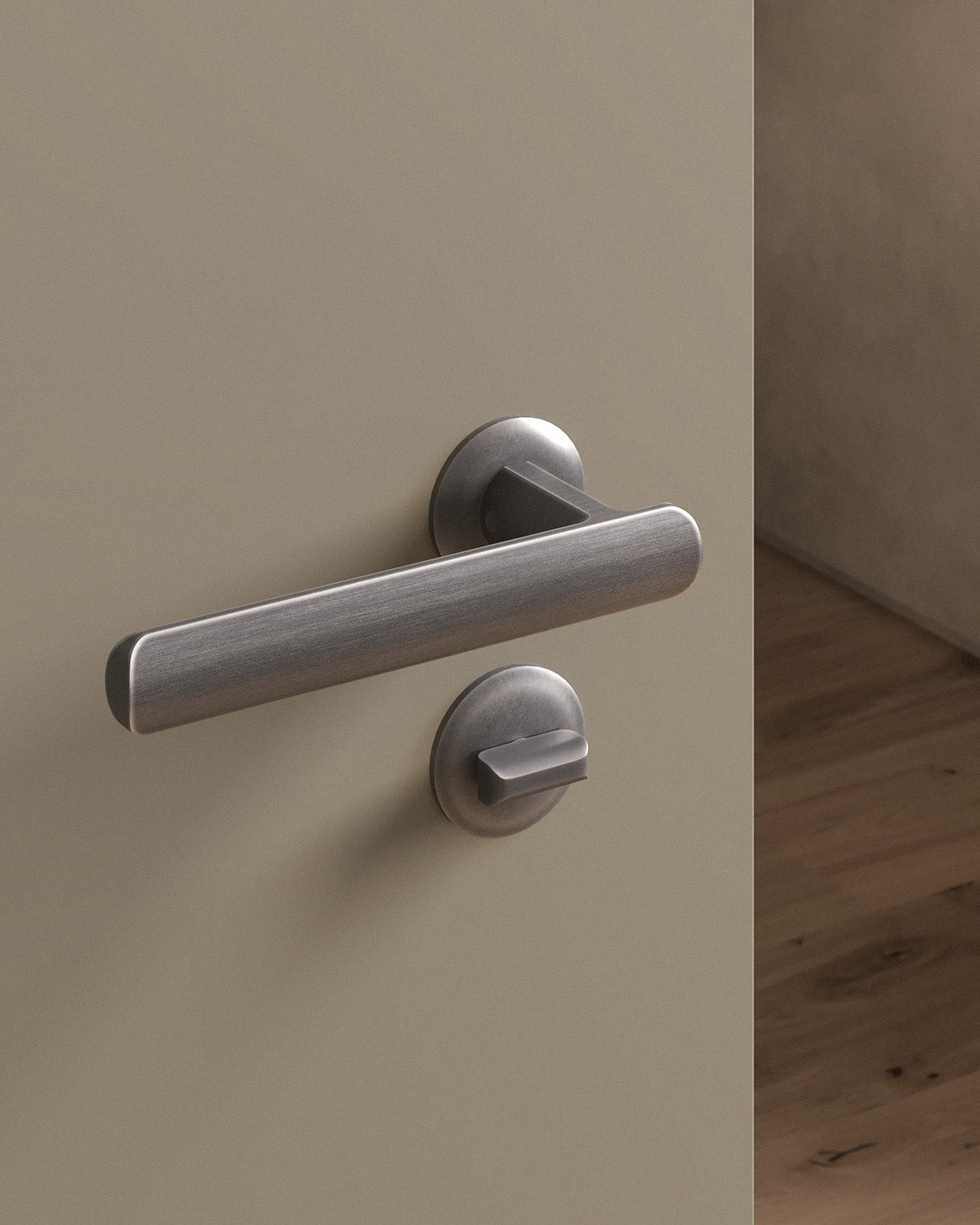 Nostrand door lever set, mortise, rose, privacy, Antique Nickel