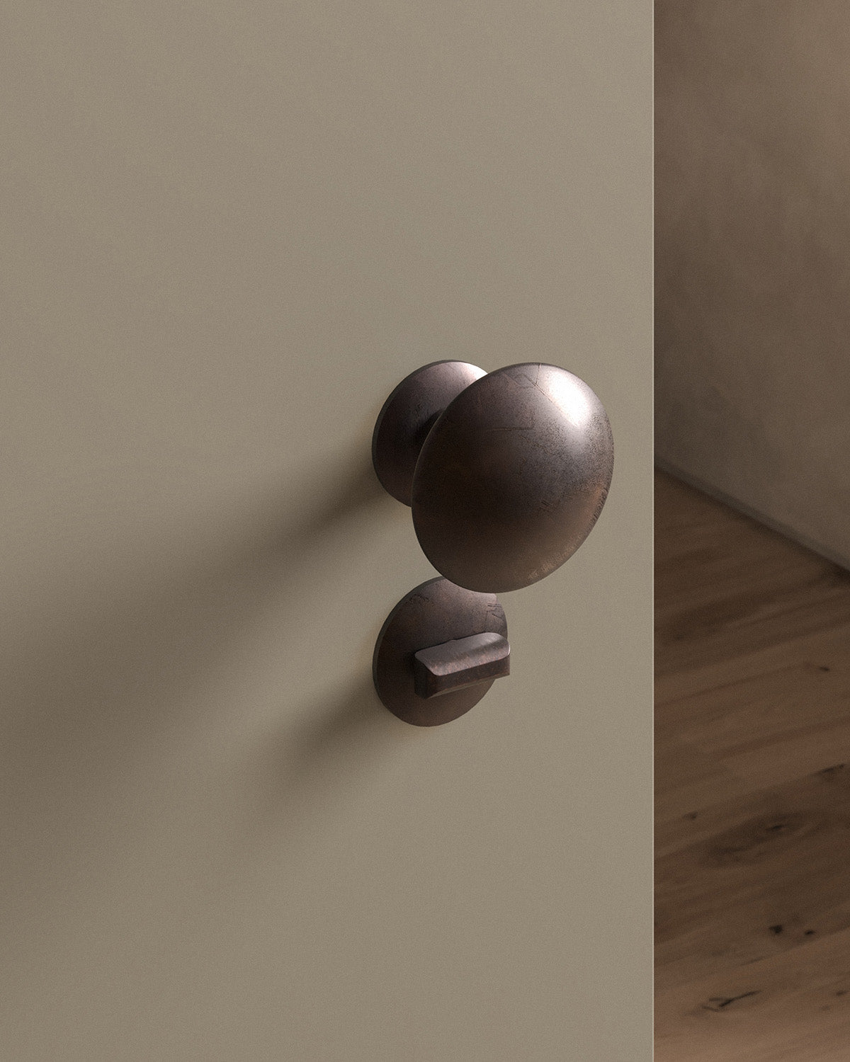 Cheever door knob set, mortise, rose, privacy, Weathered Copper