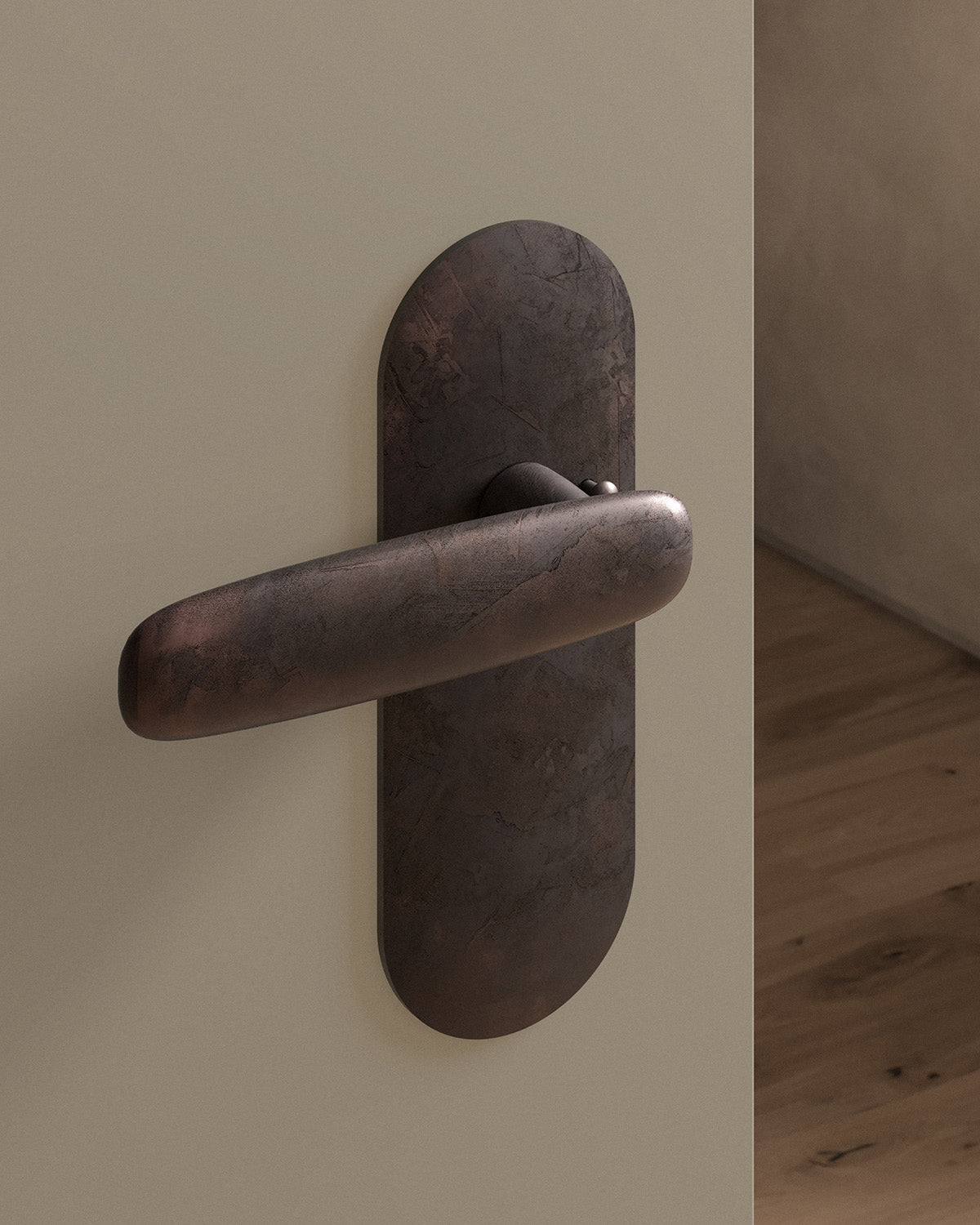 Scholes door lever set, tubular, escutcheon, privacy, Weathered Copper