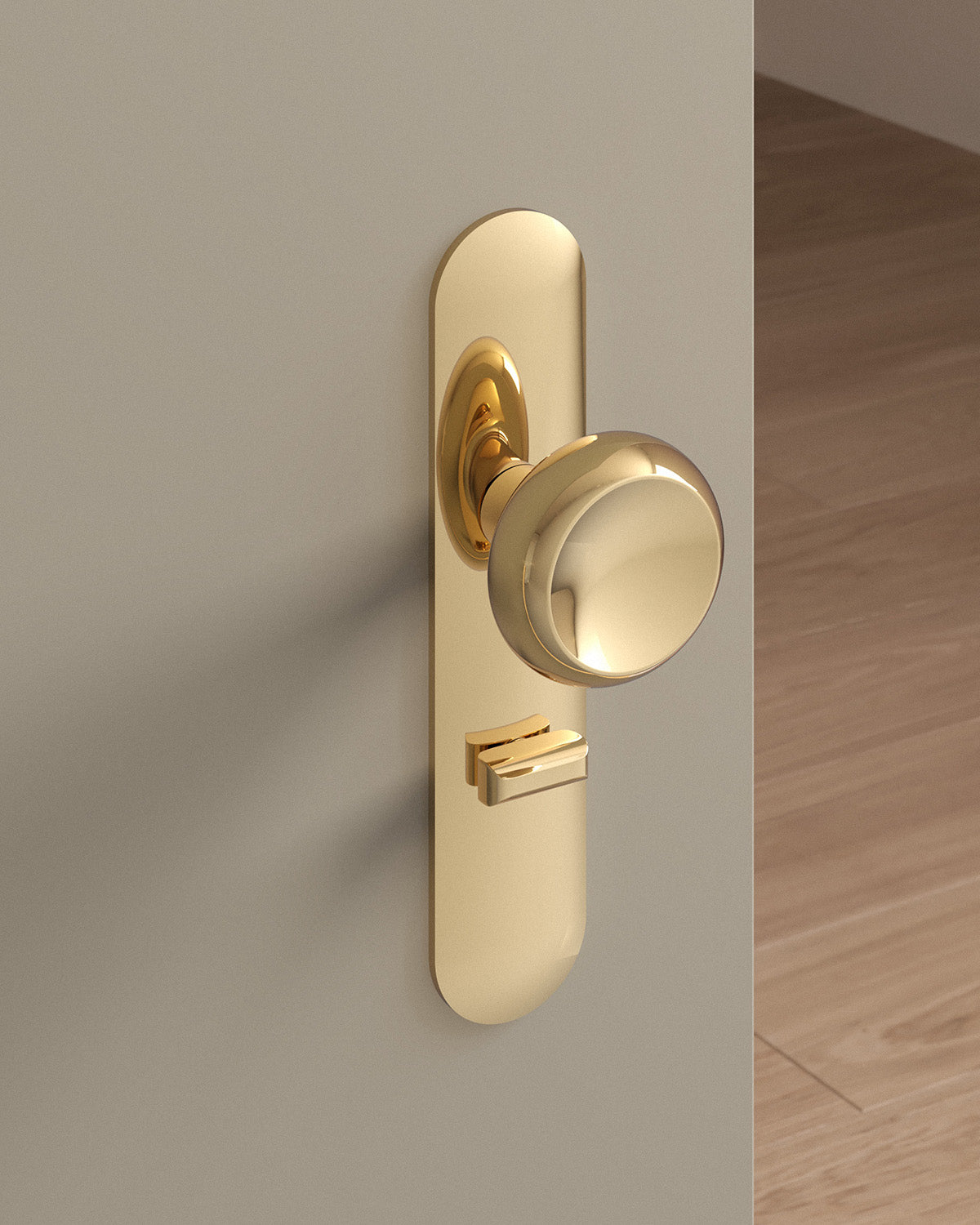 Boerum door knob set, mortise, escutcheon, privacy, Polished Brass