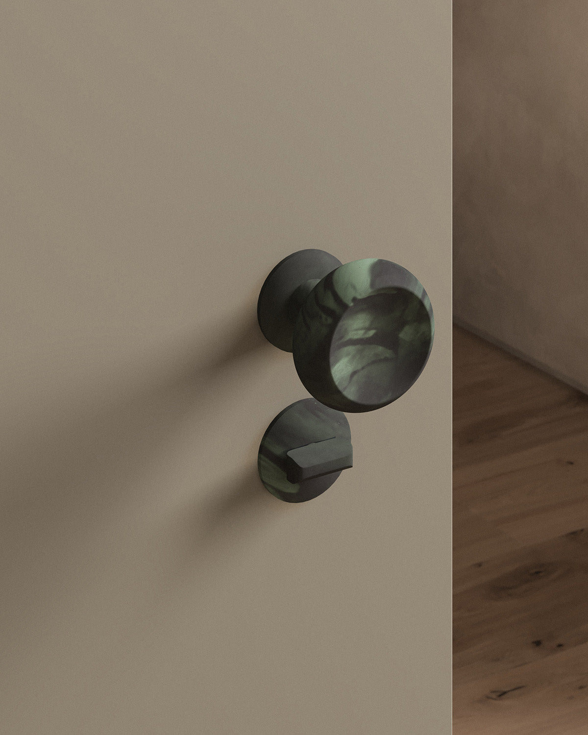Boerum door knob set, mortise, rose, privacy, Verdigris