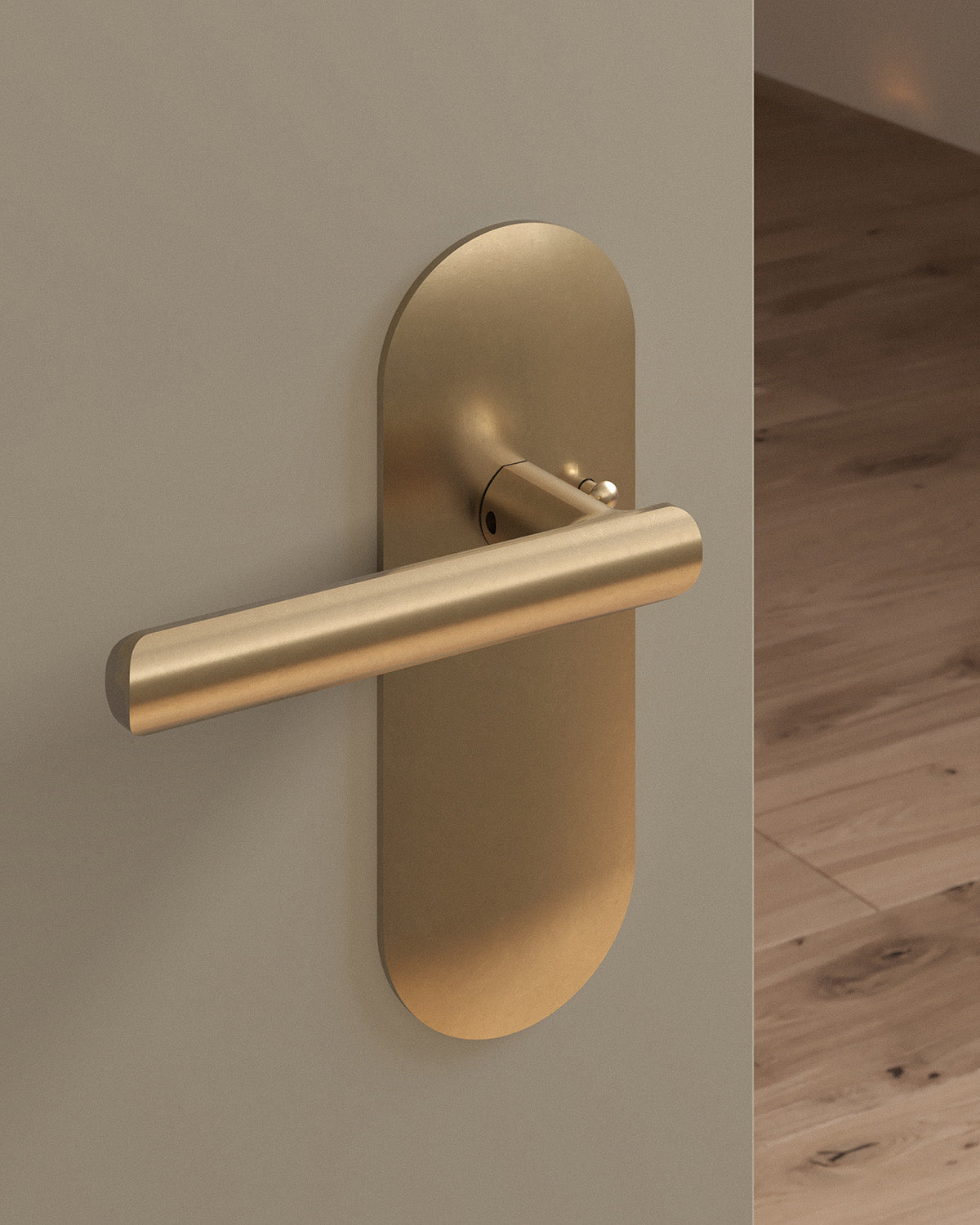 Nostrand door lever set, tubular, escutcheon, privacy, Burnished Brass