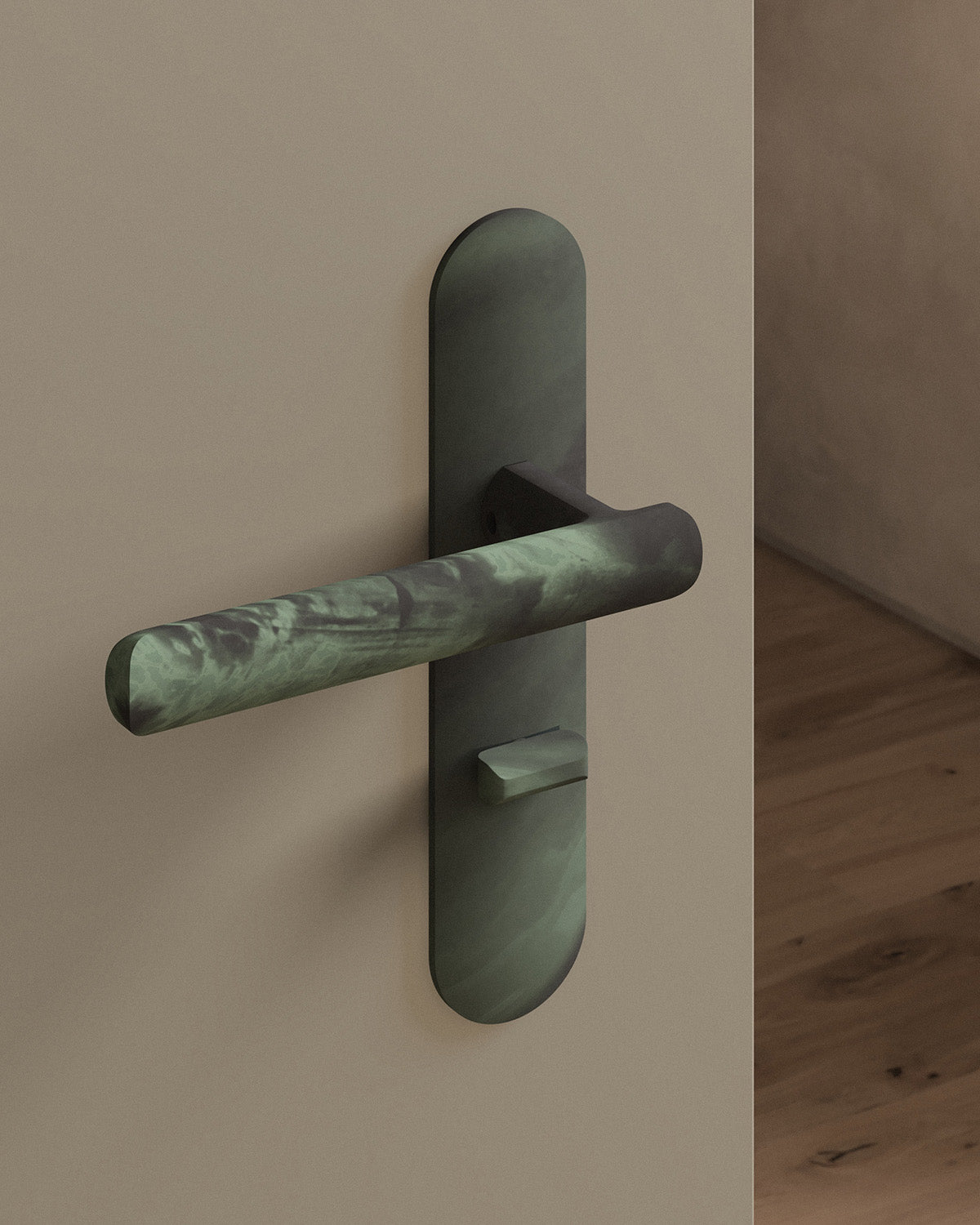 Nostrand door lever set, mortise, escutcheon, privacy, Verdigris