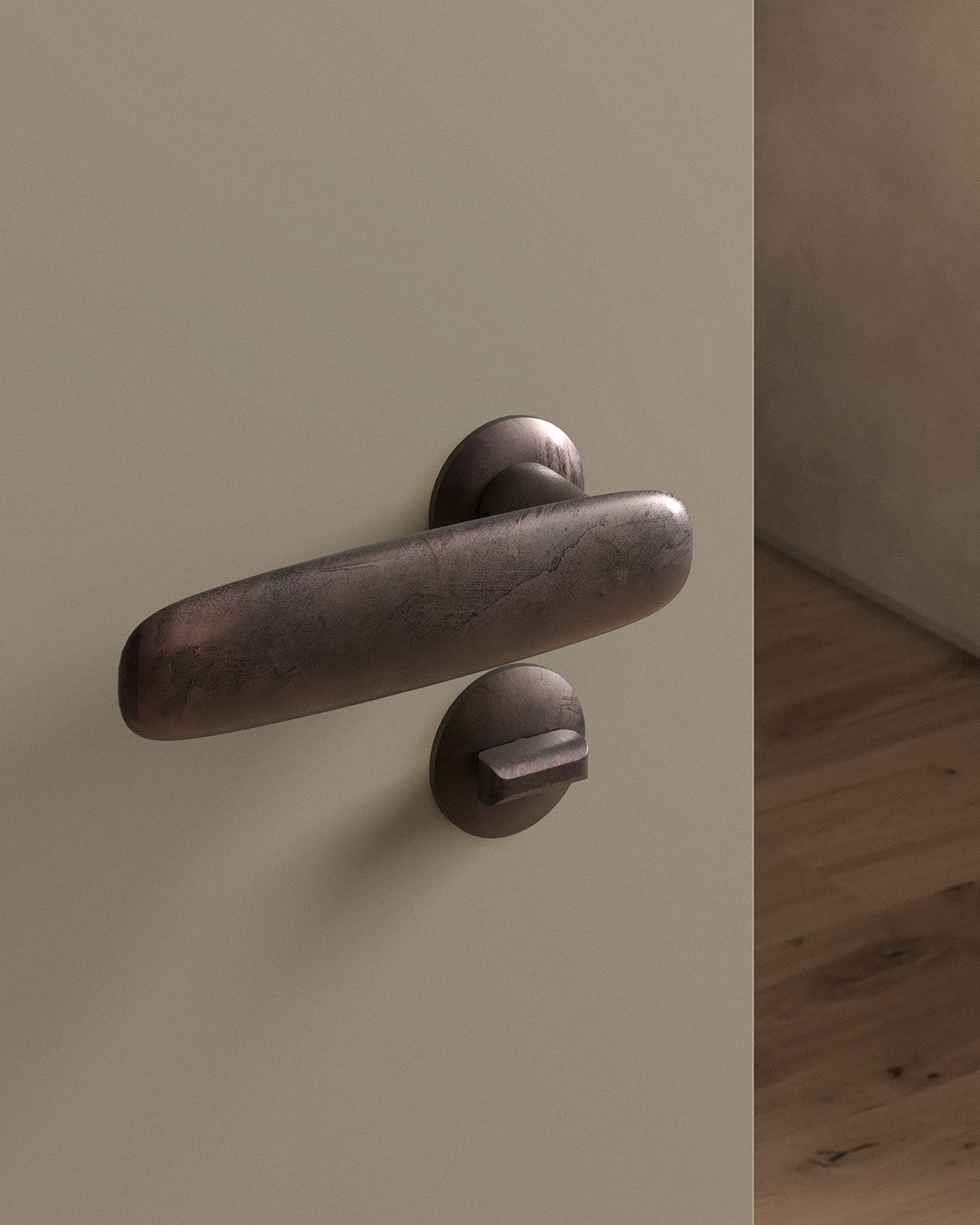 Scholes door lever set, mortise, rose, privacy, Weathered Copper