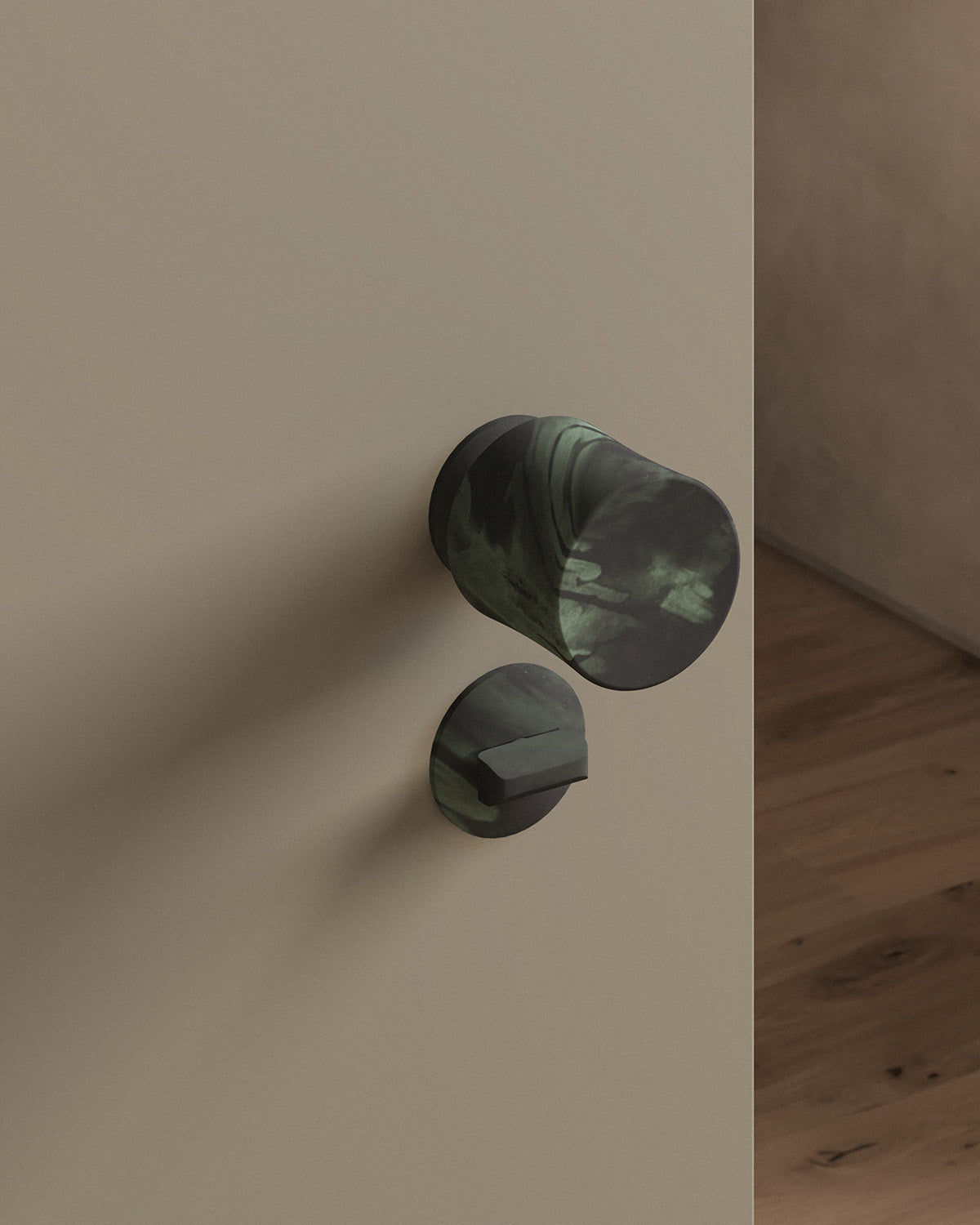 Leonard door knob set, mortise, rose, privacy, Verdigris