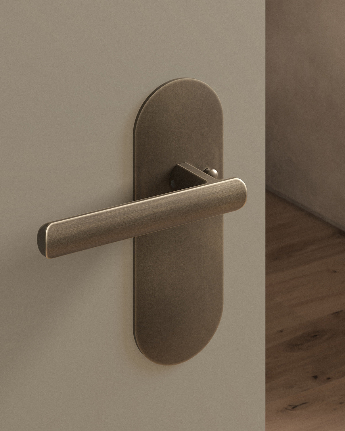Nostrand door lever set, tubular, escutcheon, privacy, Antique Brass