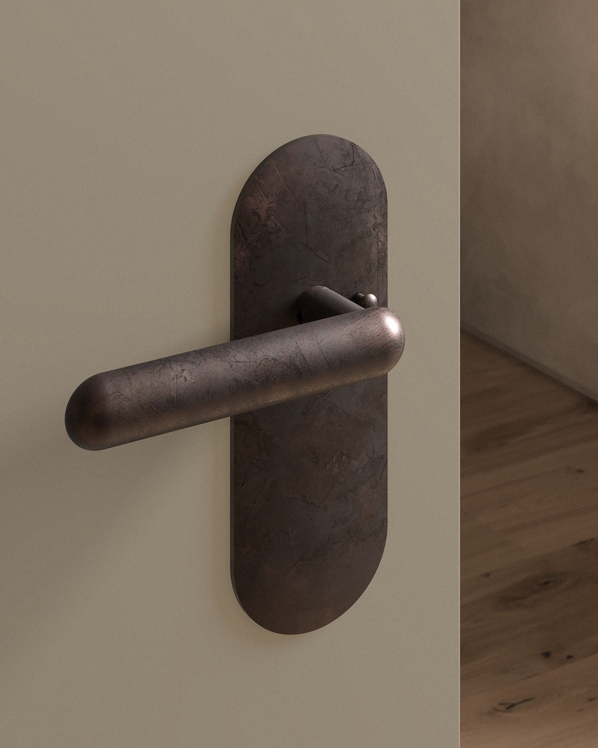 Cheever door lever set, tubular, escutcheon, privacy, Weathered Copper