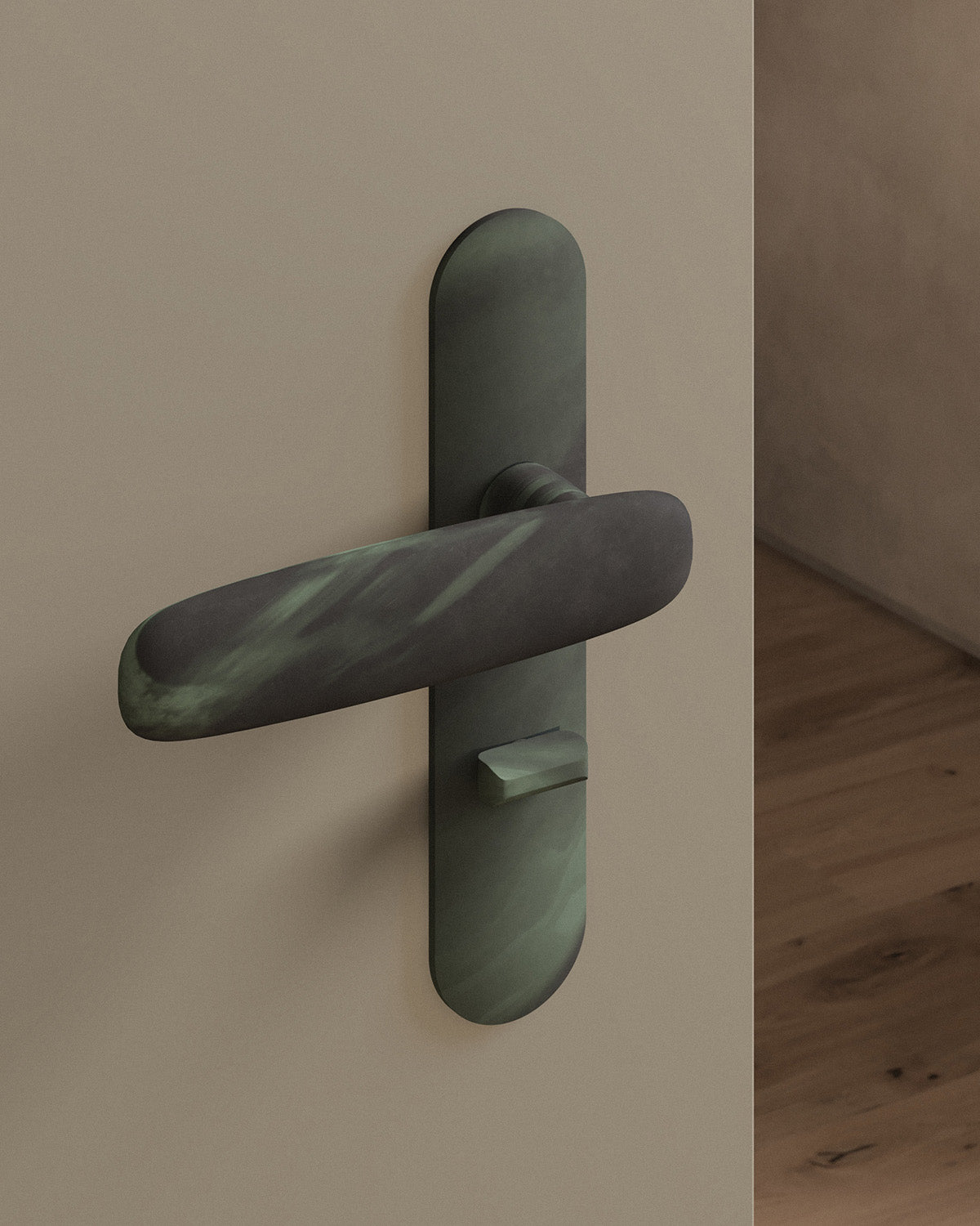 Scholes door lever set, mortise, escutcheon, privacy, Verdigris