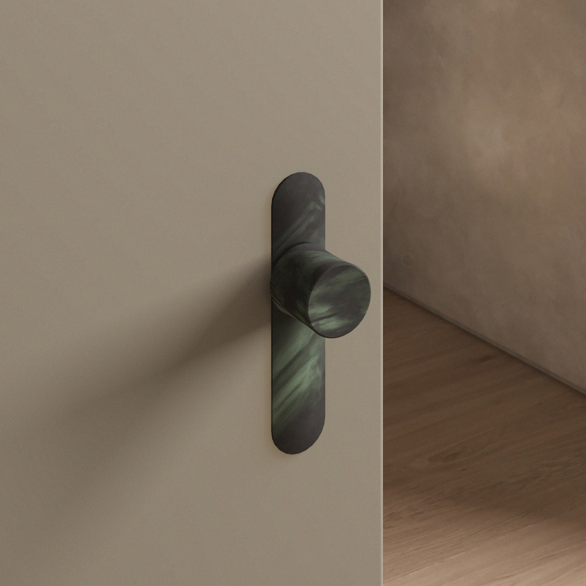 Leonard door knob set, mortise, escutcheon, Verdigris