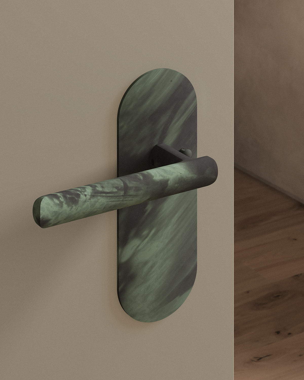 Nostrand door lever set, tubular, escutcheon, privacy, Verdigris