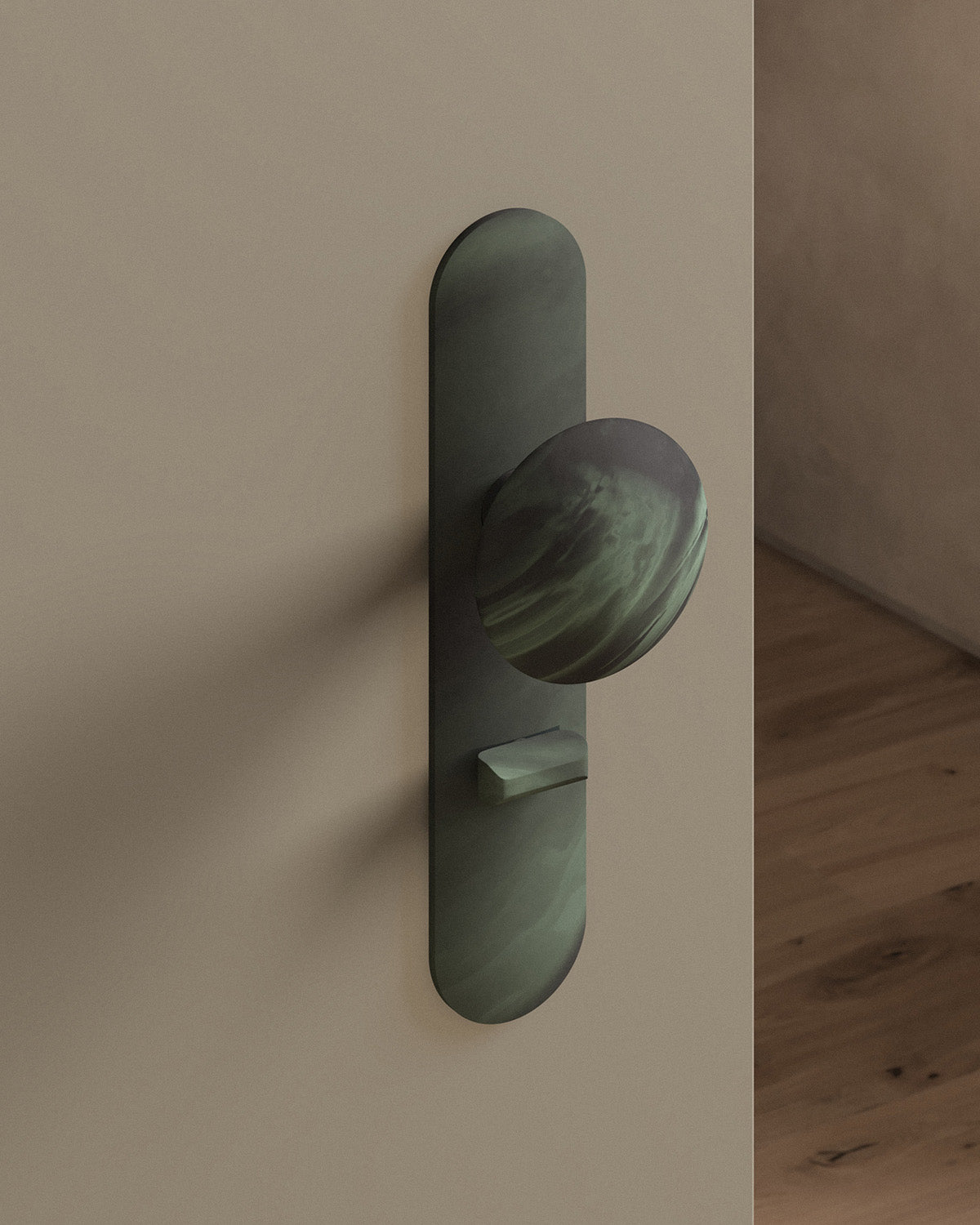 Cheever door knob set, mortise, escutcheon, privacy, Verdigris