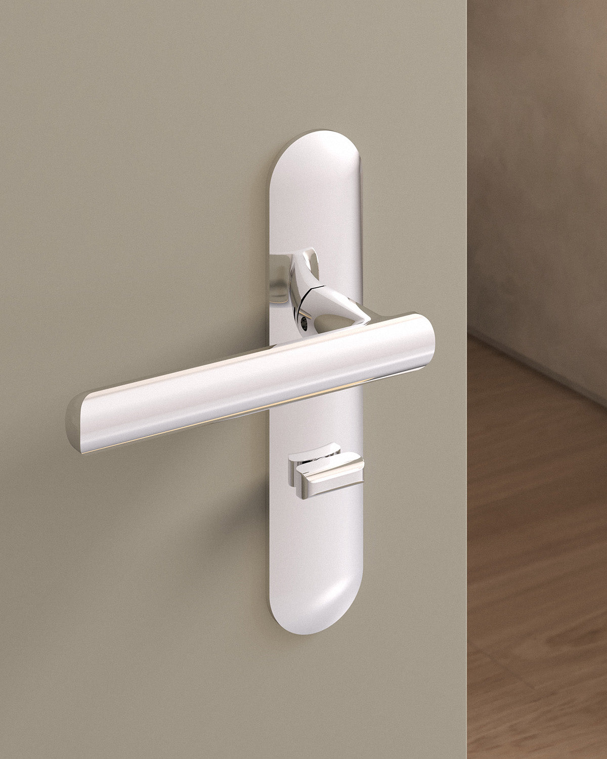 Nostrand door lever set, mortise, escutcheon, privacy, Polished Nickel
