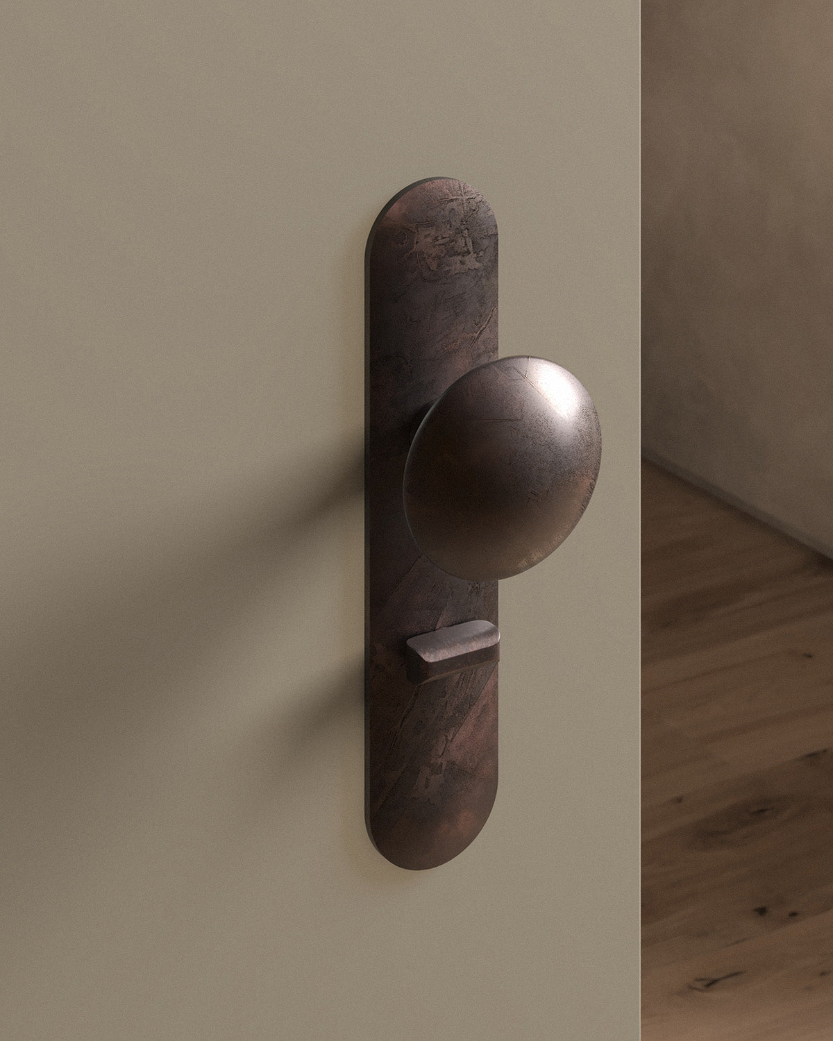 Cheever door knob set, mortise, escutcheon, privacy, Weathered Copper